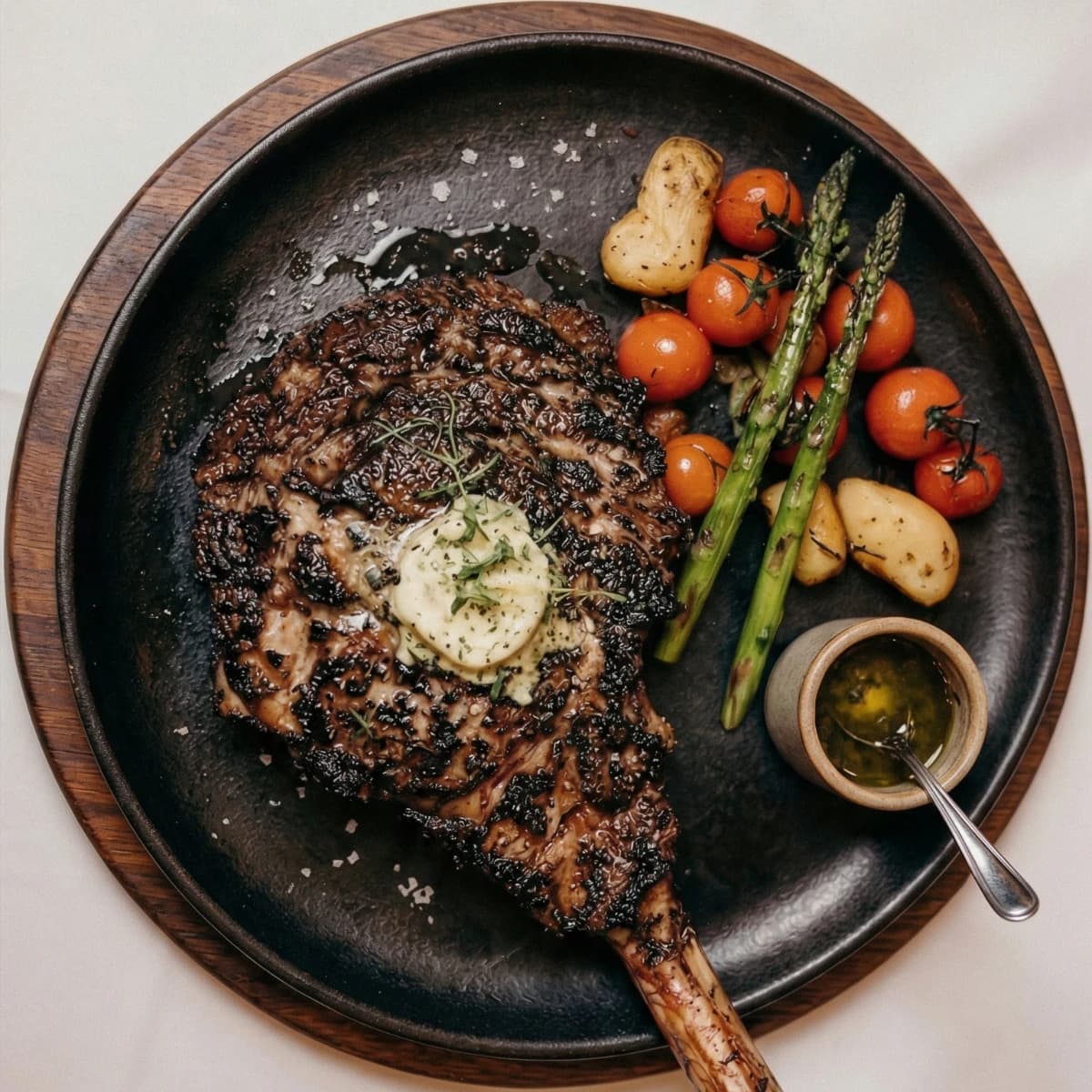 Charred Tomahawk with Garlic-Herb Compound Butter