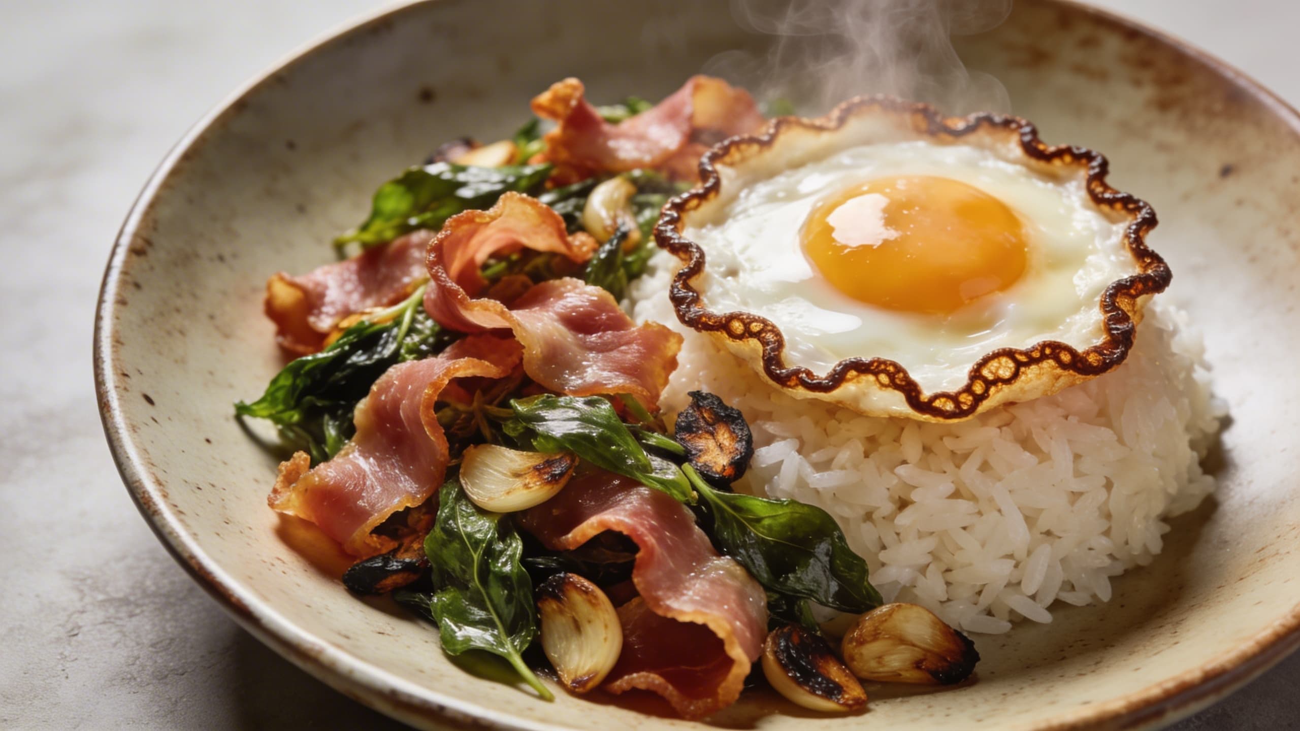 A perfectly plated close-up of the finished dish: crispy prosciutto ribbons, charred chilies, and glossy holy basil leaves over a bed of fluffy rice.