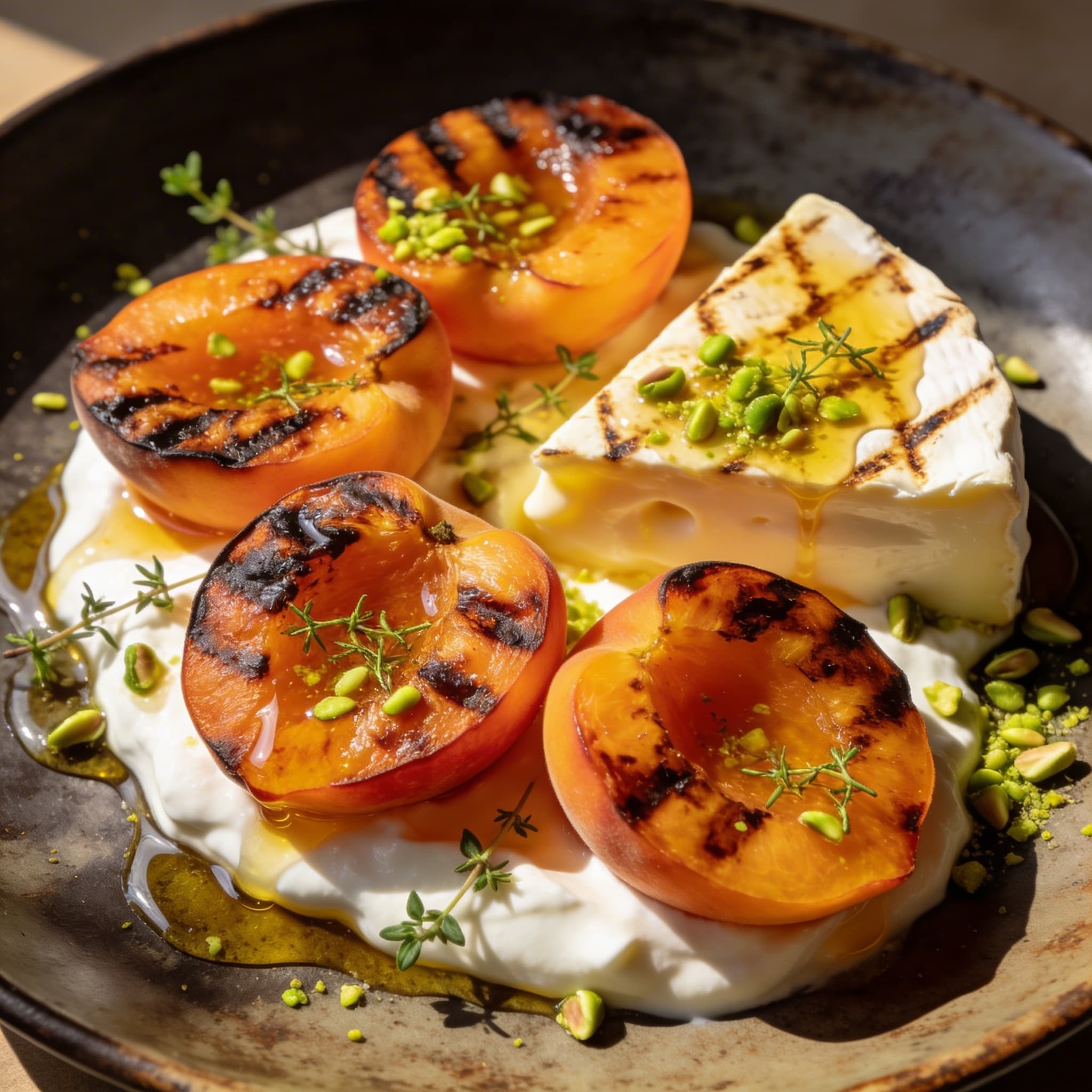Grilled Peaches with Manouri and Thyme Honey