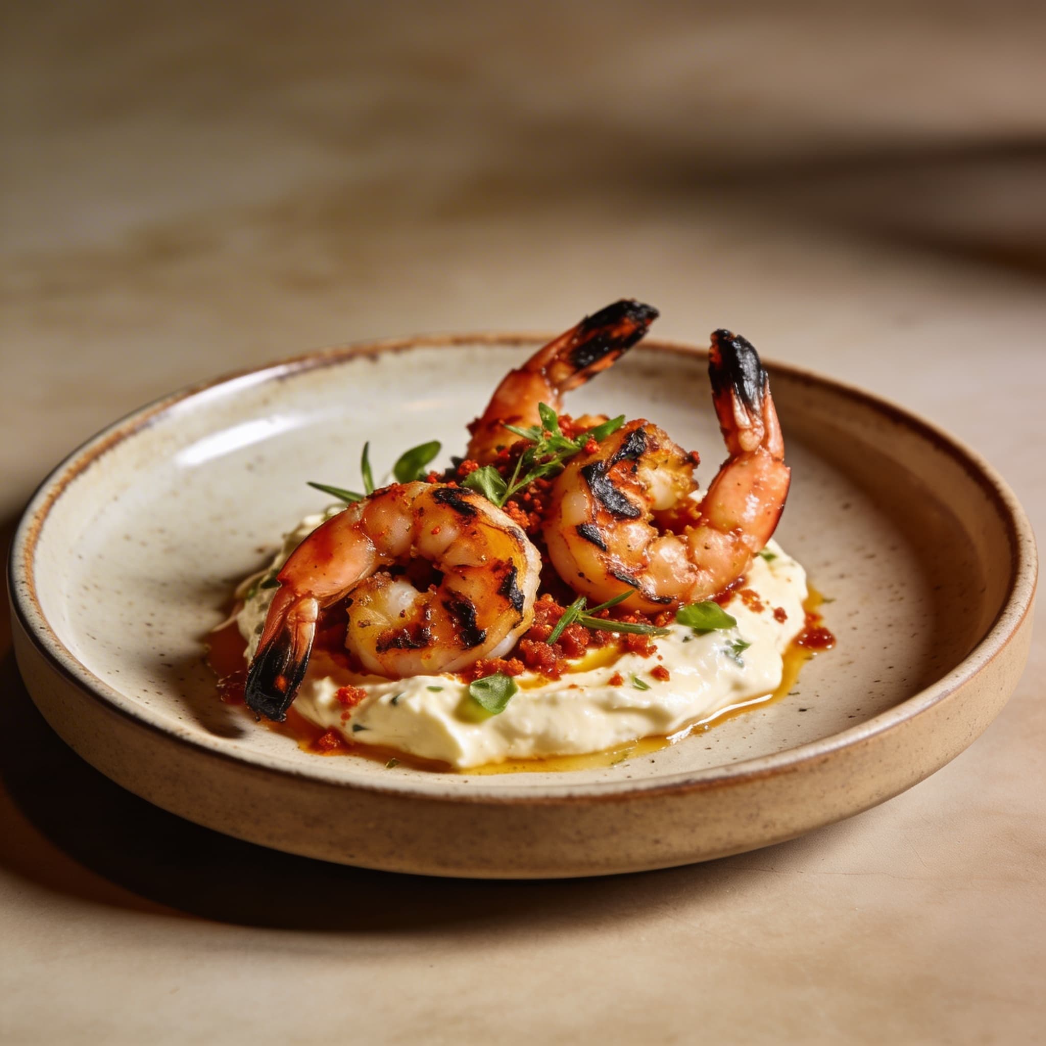 Hearth-Charred Aleppo Shrimp over Zesty Labneh