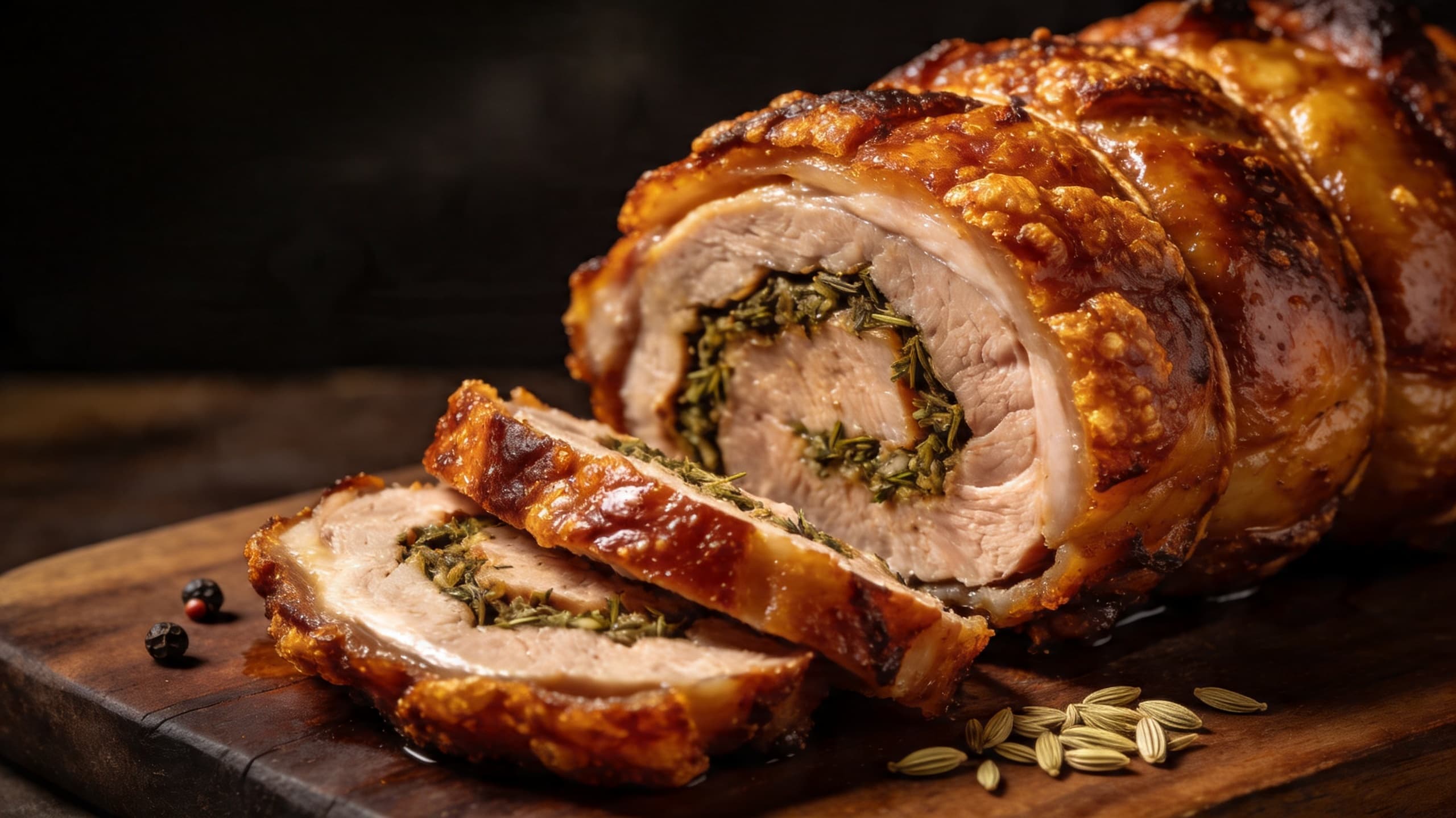 Image 2: A perfectly roasted and sliced porchetta loin, its crackling skin glistening, ready to be submerged in a fragrant infused brodo
