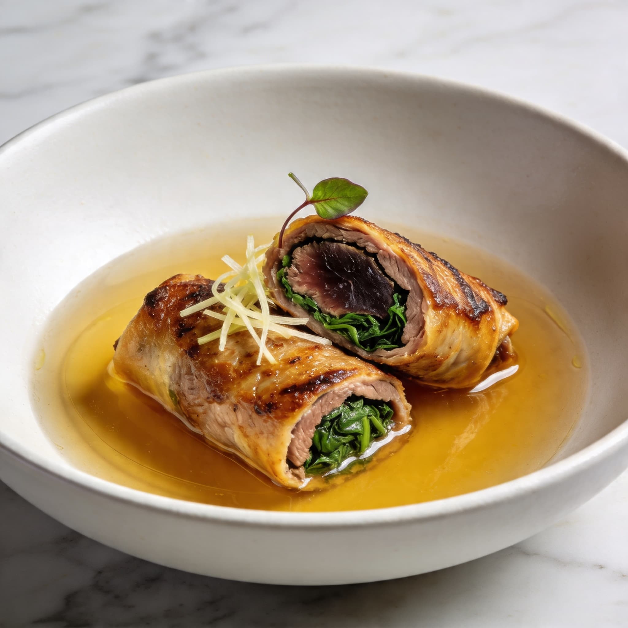 Involtini di Vitello Ripieni with Confit Duck & Galangal Brodo