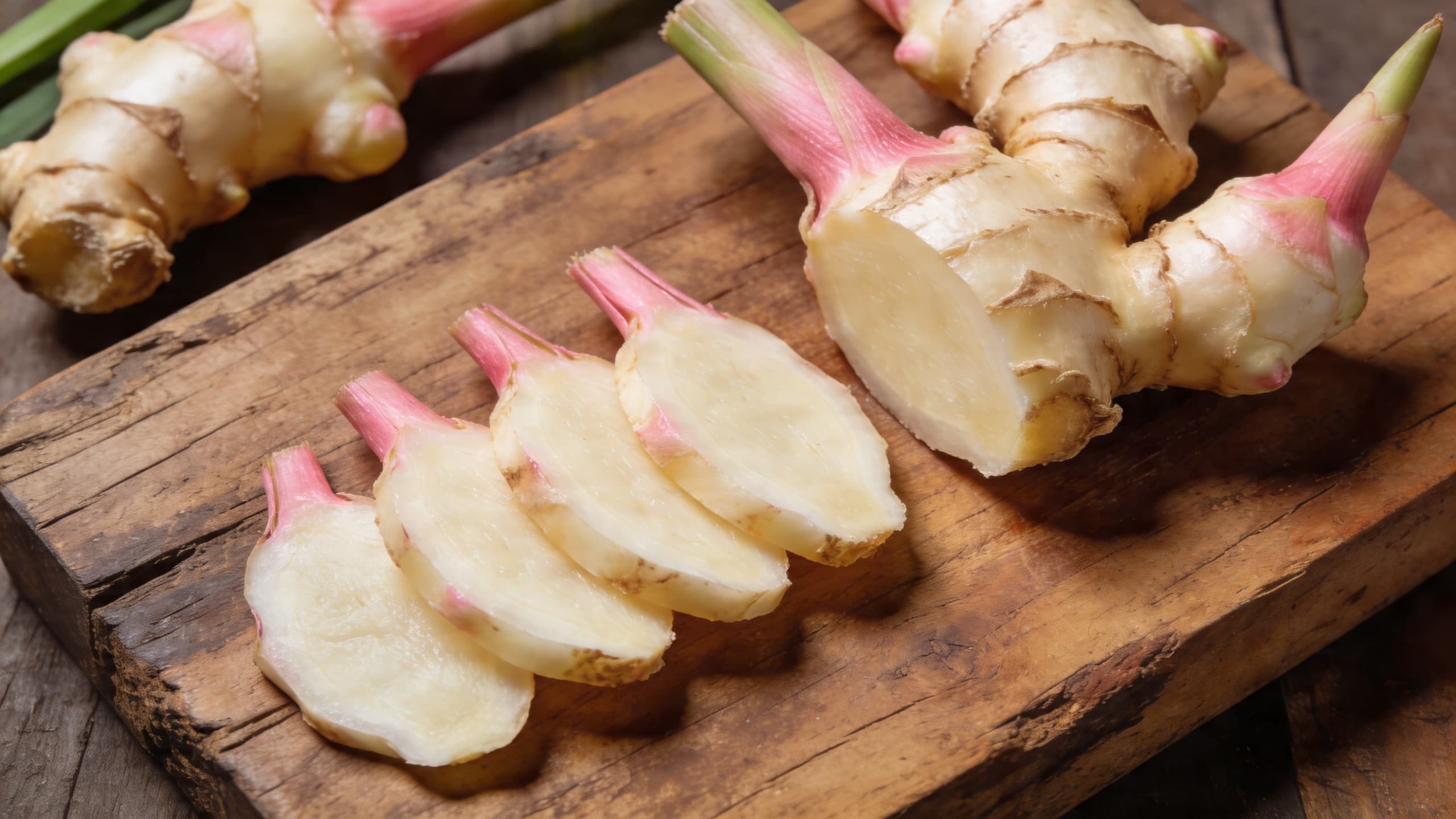 A close-up of fresh galangal rhizomes being sliced on a rustic wooden board, showing their pale, dense interior.