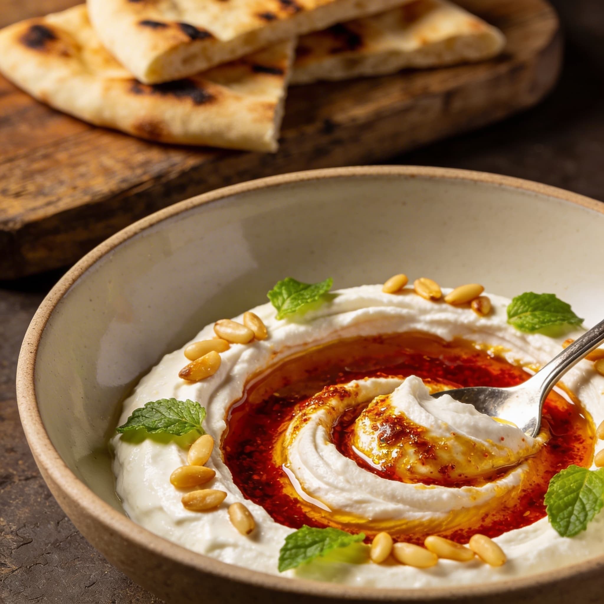 Sizzling Aleppo Butter Labneh with Toasted Pine Nuts