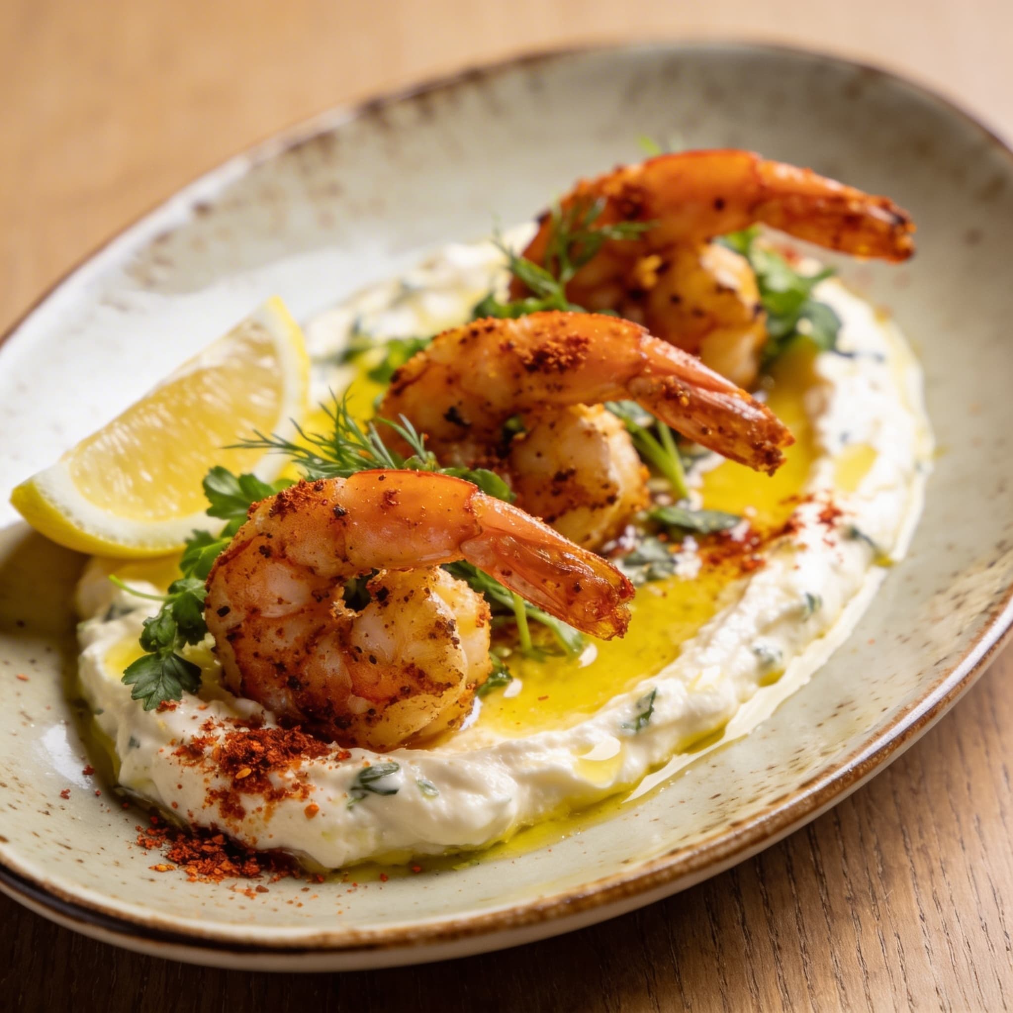 Aleppo-Spiced Shrimp over Zesty Lemon Labneh