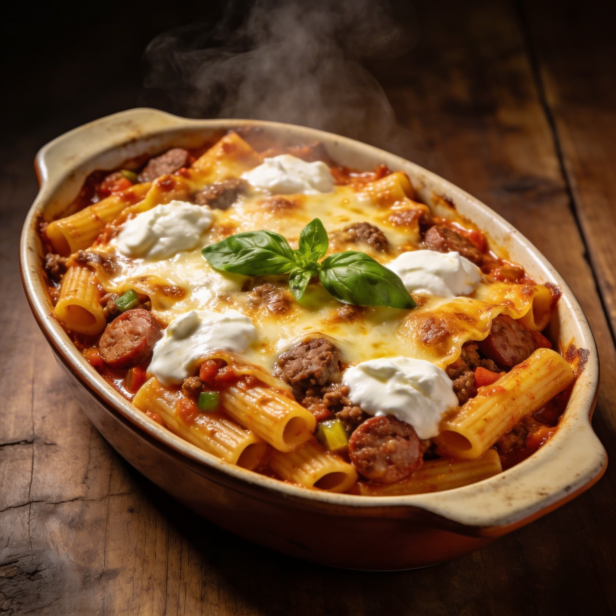 Lasagna-Style Ziti Bake with Beef and Sausage
