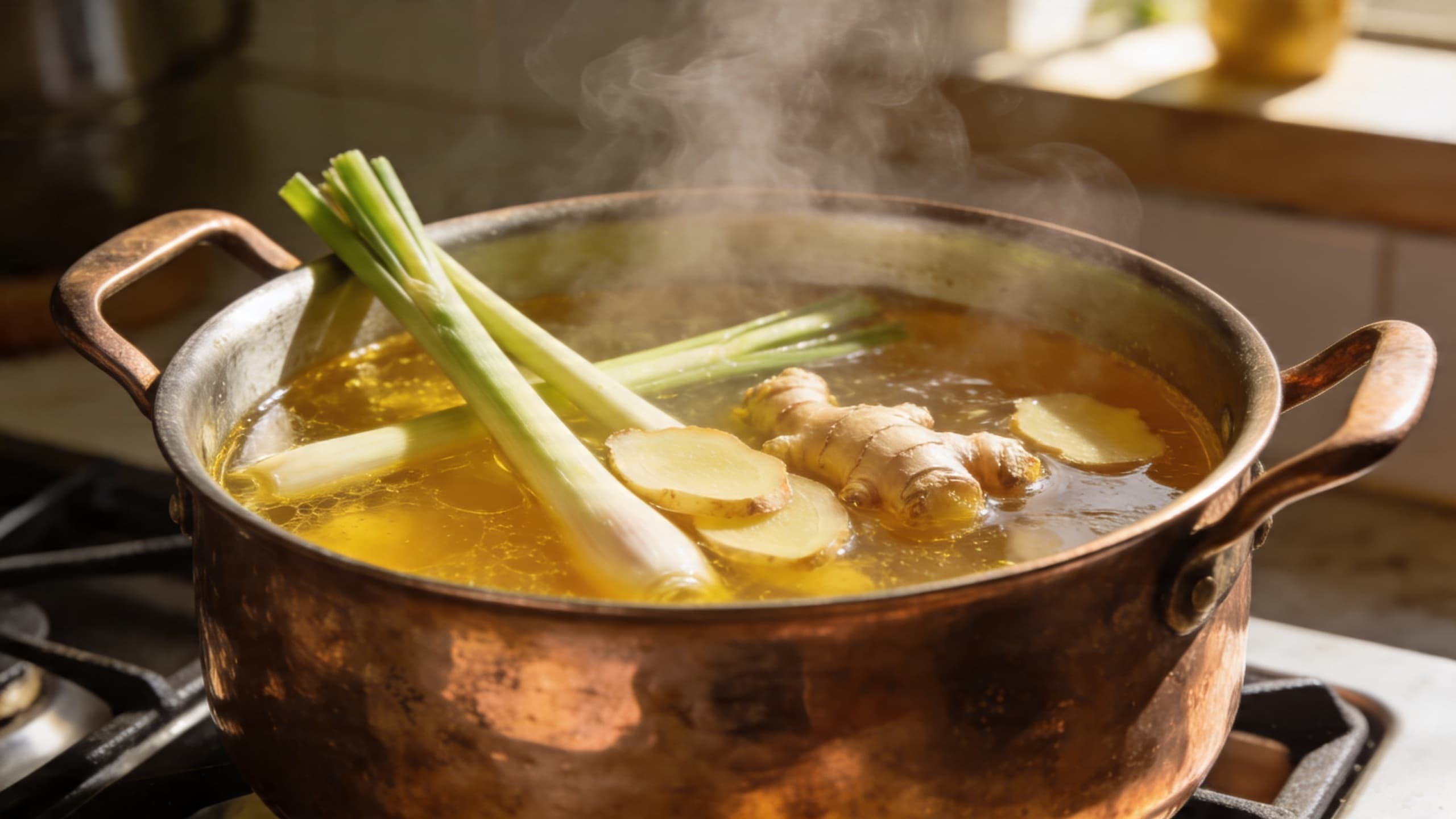 A rustic copper pot simmering a golden broth with stalks of lemongrass and slices of galangal, steam rising in a sunlit kitchen.