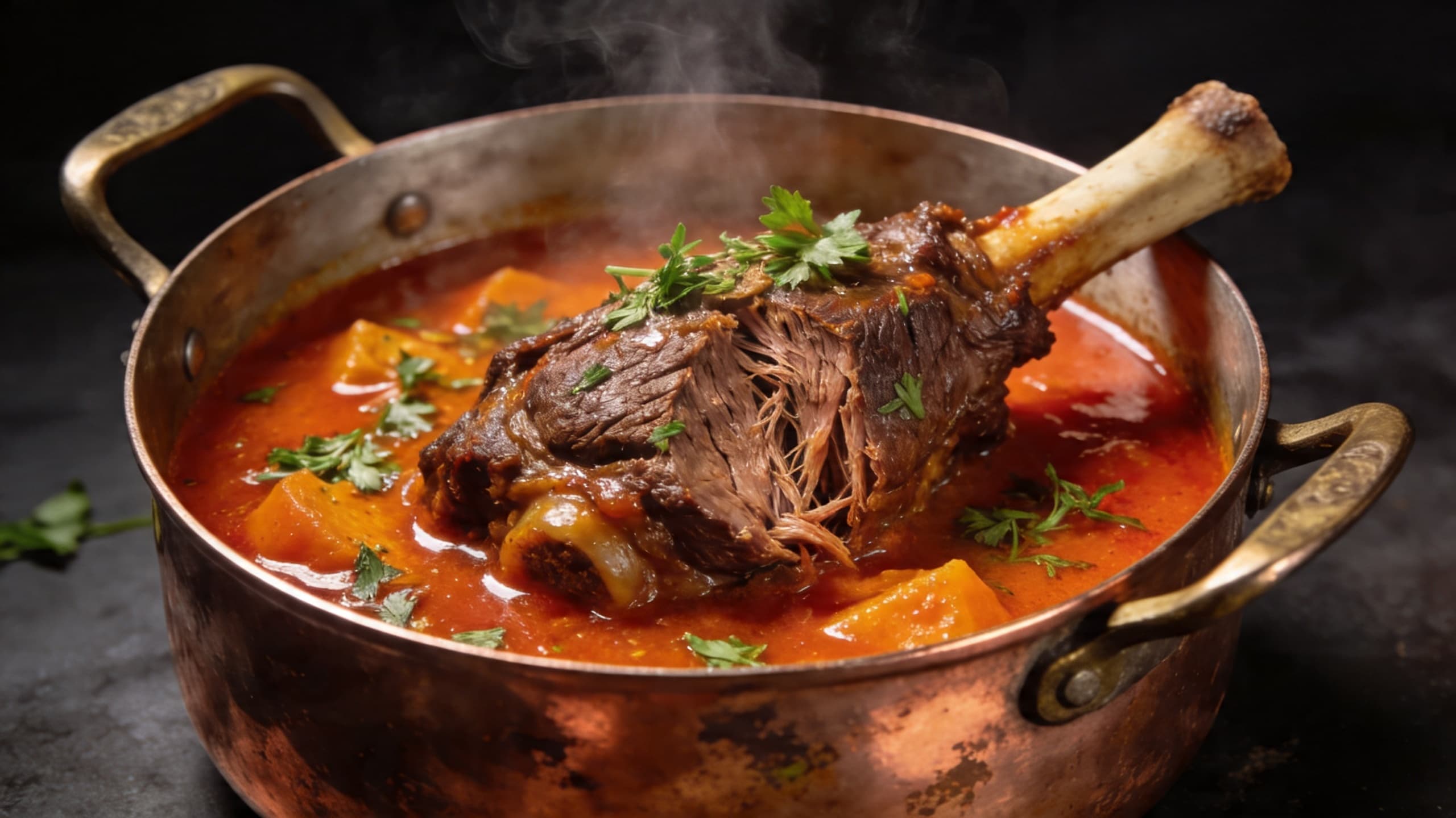 Image 1: A close-up of a perfectly braised beef shank resting in a vibrant, reddish-orange dendê-infused sauce, garnished with fresh herbs.