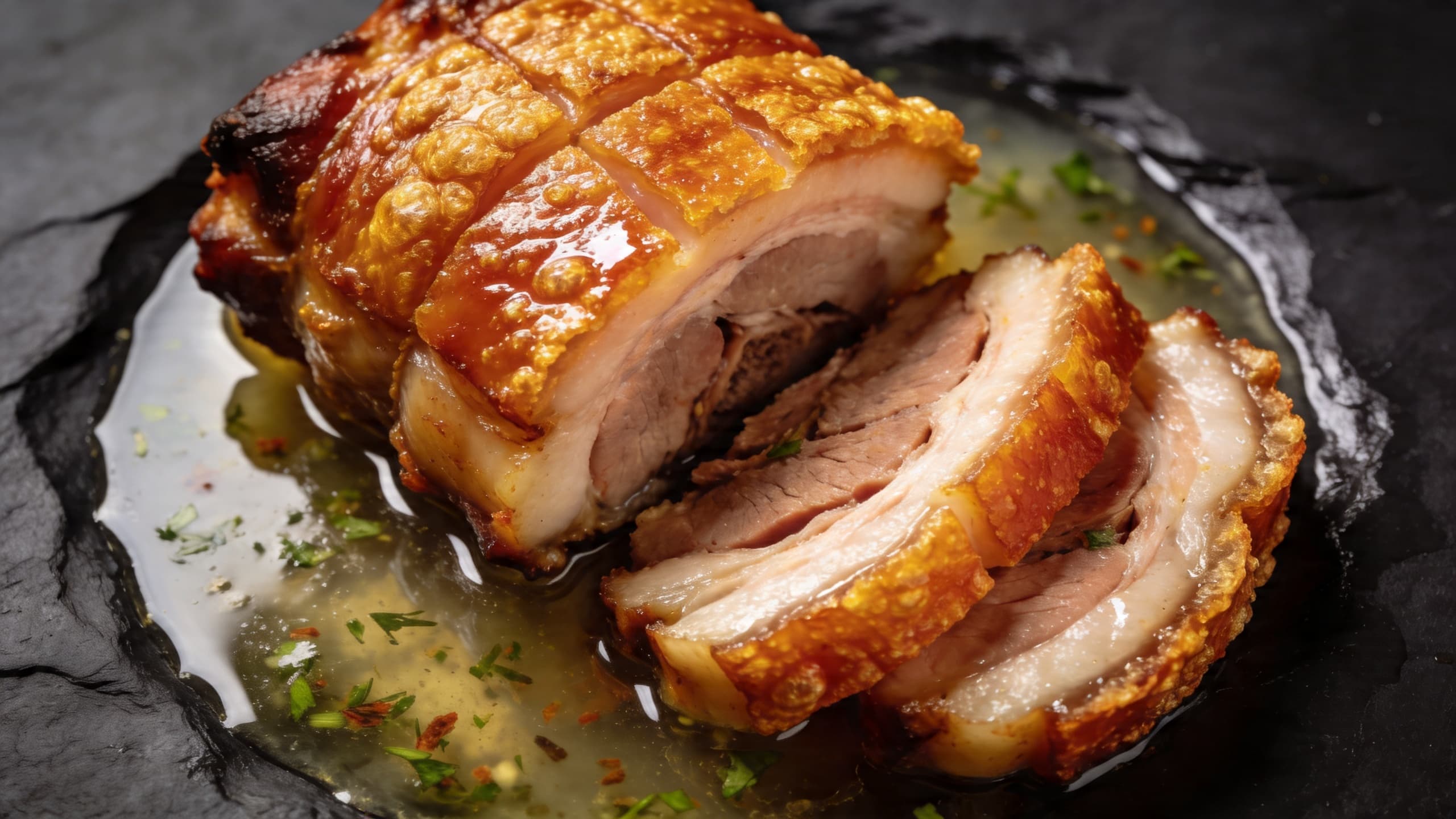 A close-up of a sliced Porchetta, its skin crackling and golden, resting in a shallow pool of translucent, herb-flecked broth.