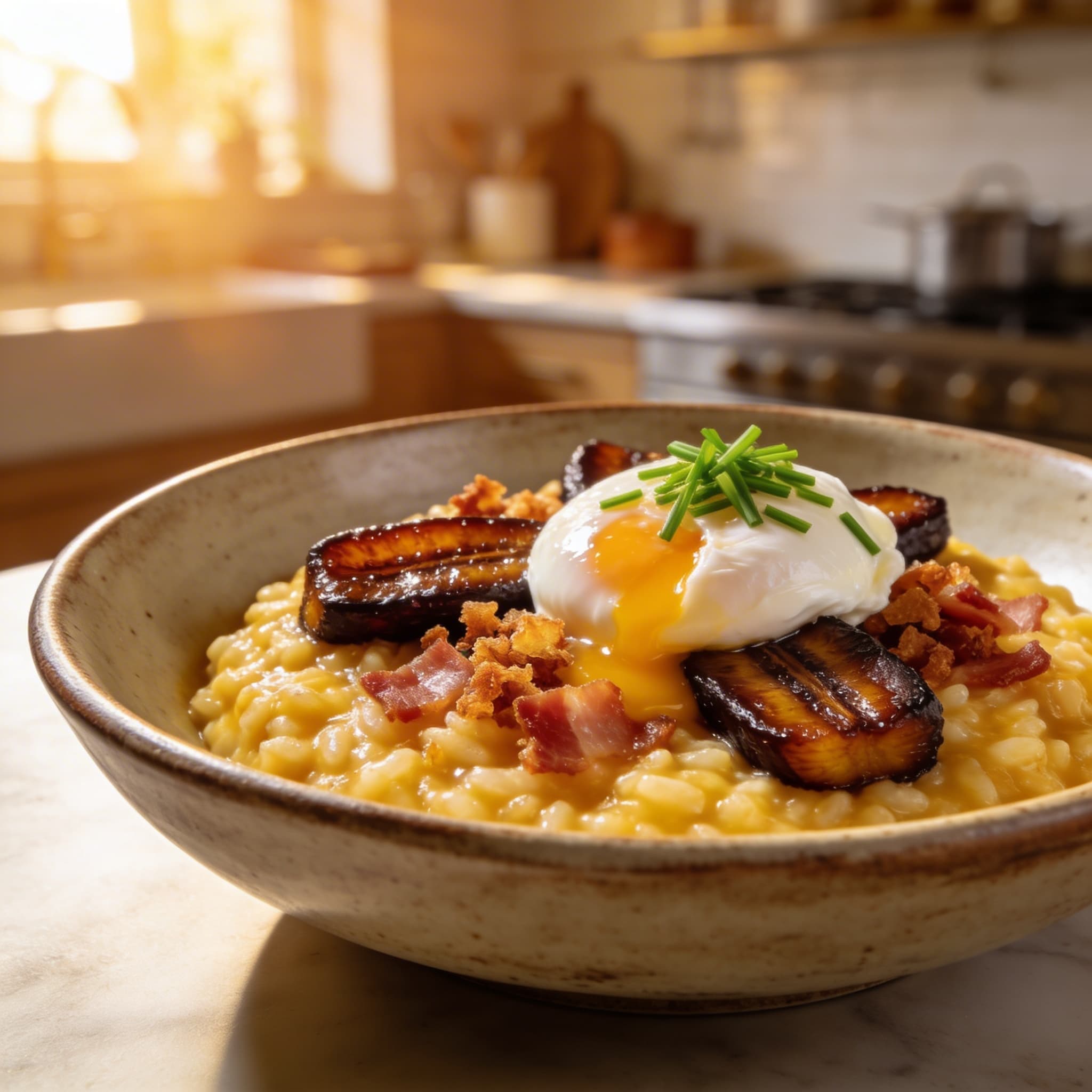 Caramelized Plantain & Pancetta Breakfast Risotto