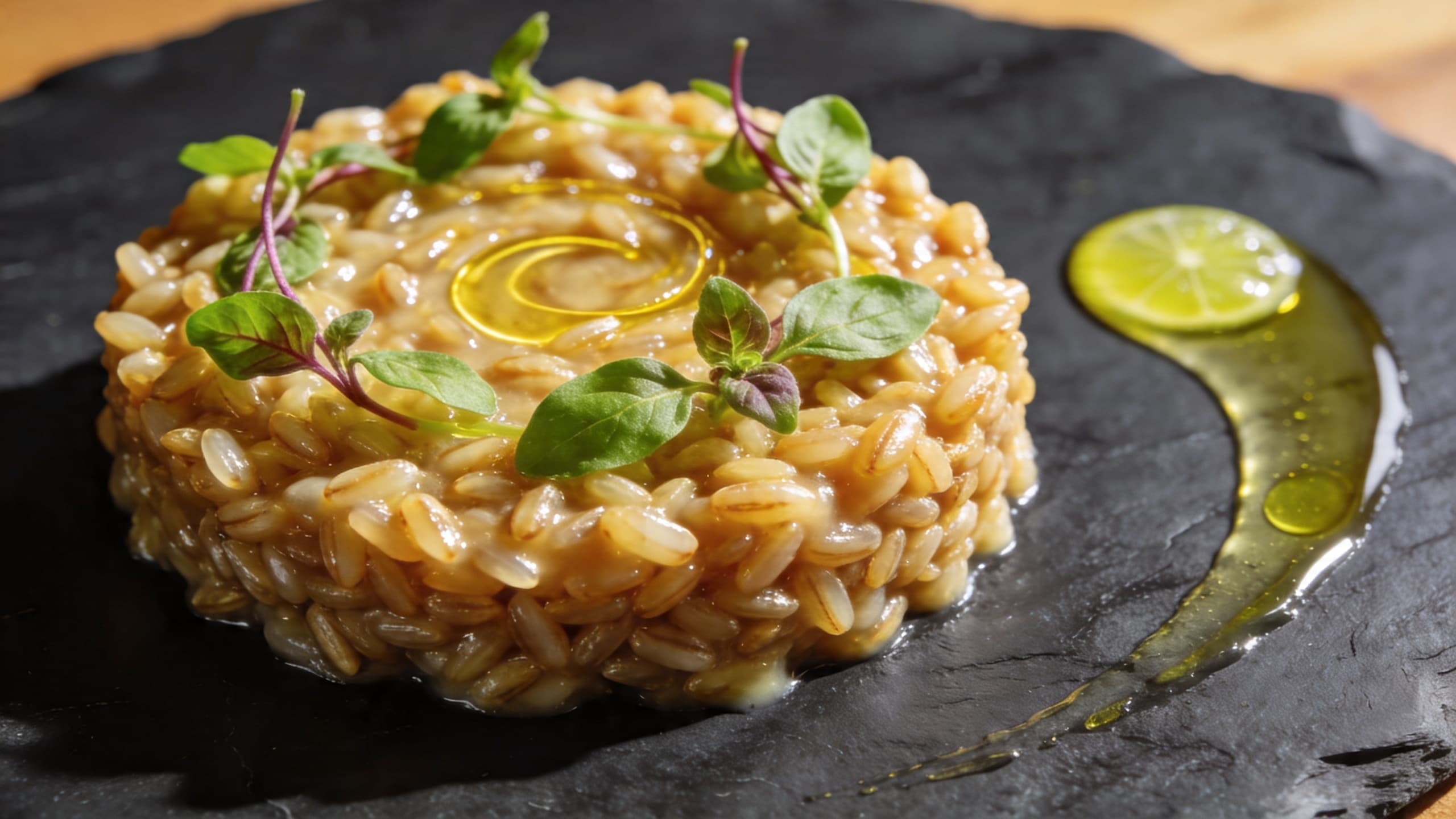 Image 2: A perfectly plated Farro Risotto with a glossy sheen, garnished with micro-Thai basil and a swirl of yuzu-infused oil on a slate plate.