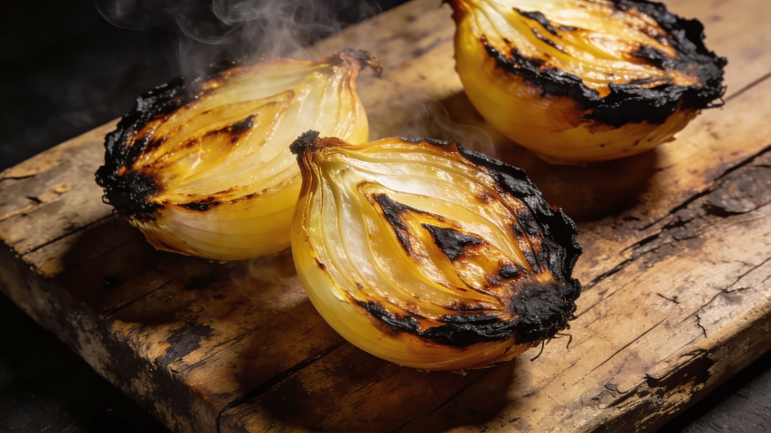 Image 2: Charred halved onions with deep black edges resting on a wooden board, ready to be added to a braising pot.