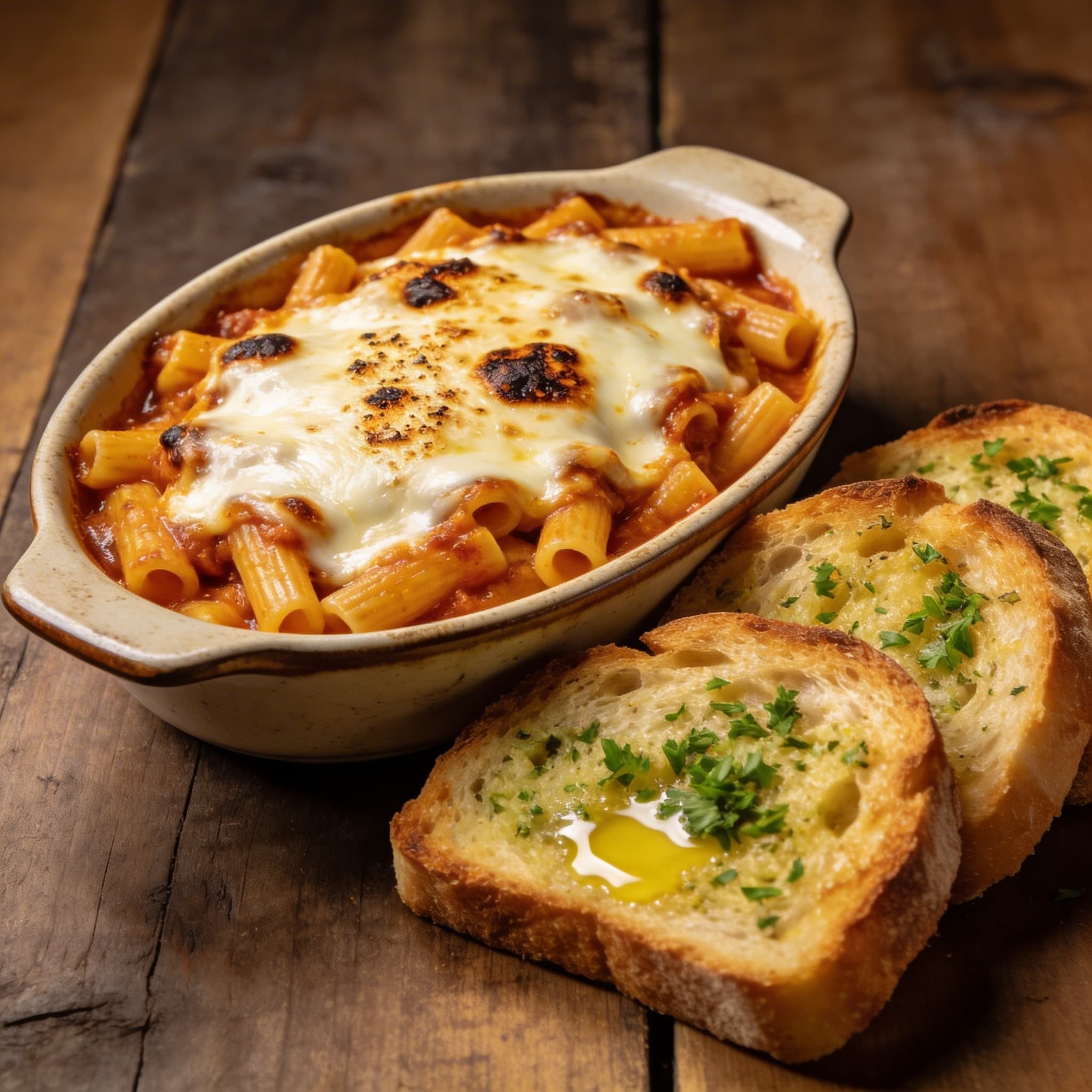 Chicken Ziti Bake with Garlic Bread