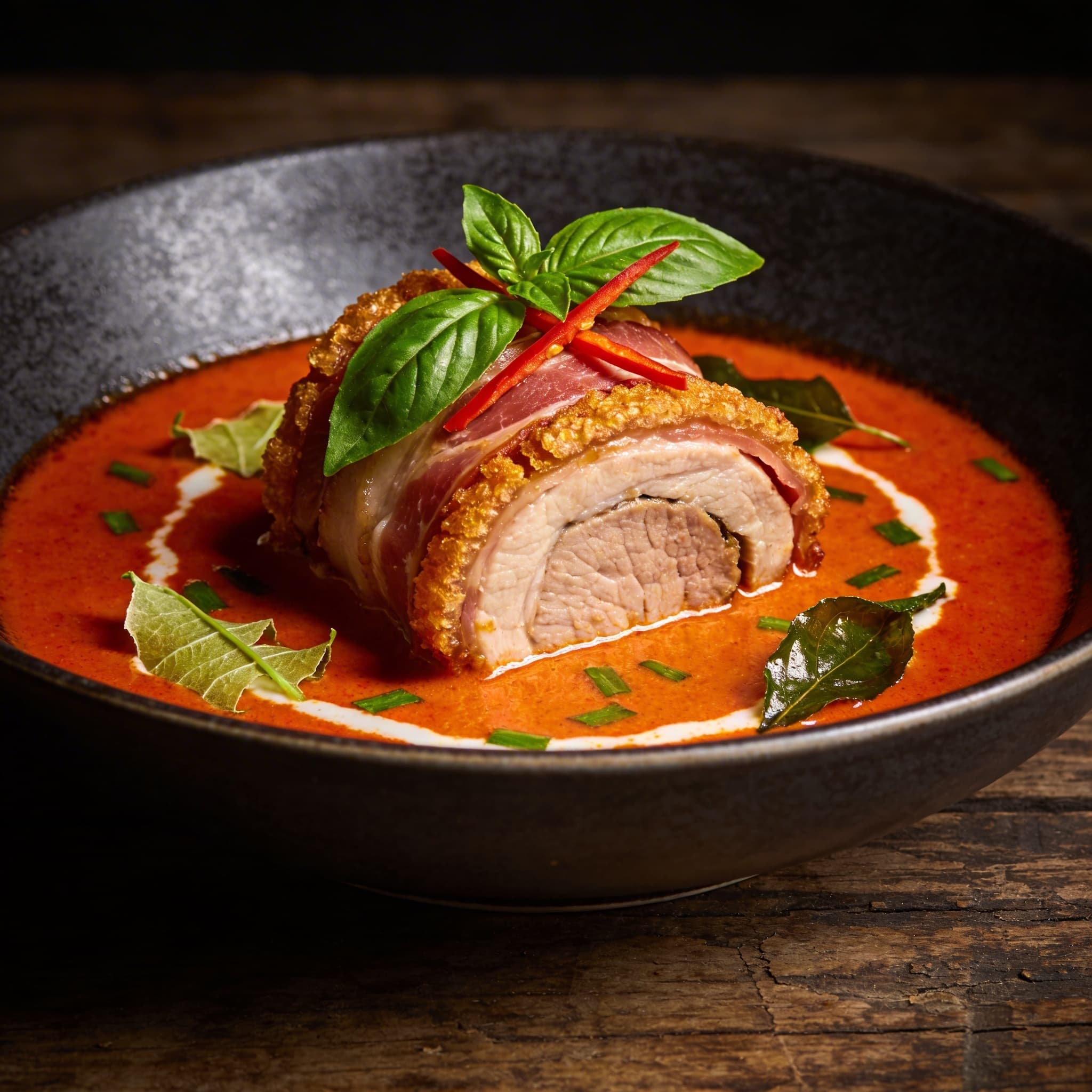Prosciutto-Wrapped Pork in Red Curry Coconut Braise