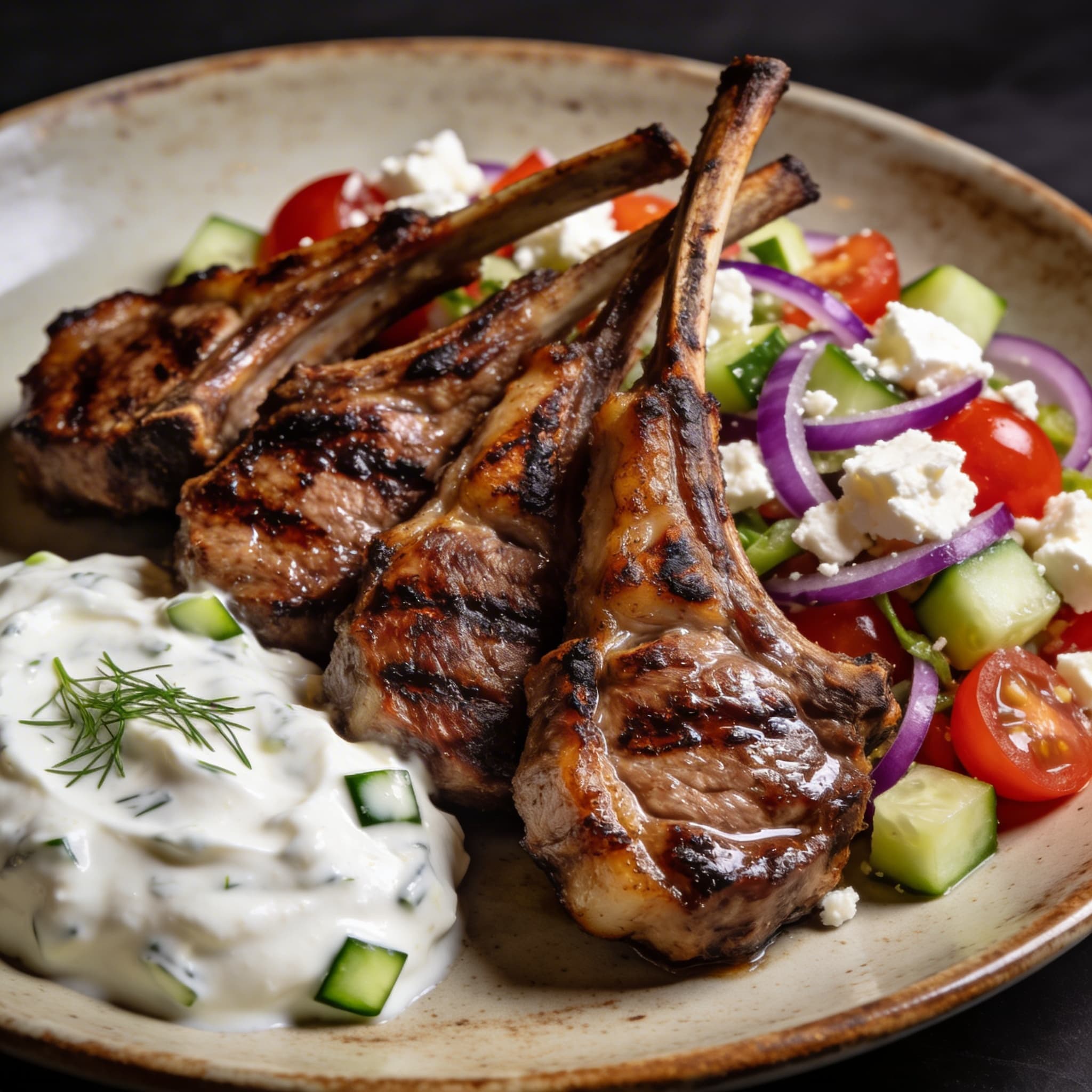 Hearth-Charred Greek Lamb Chops with Village Salad