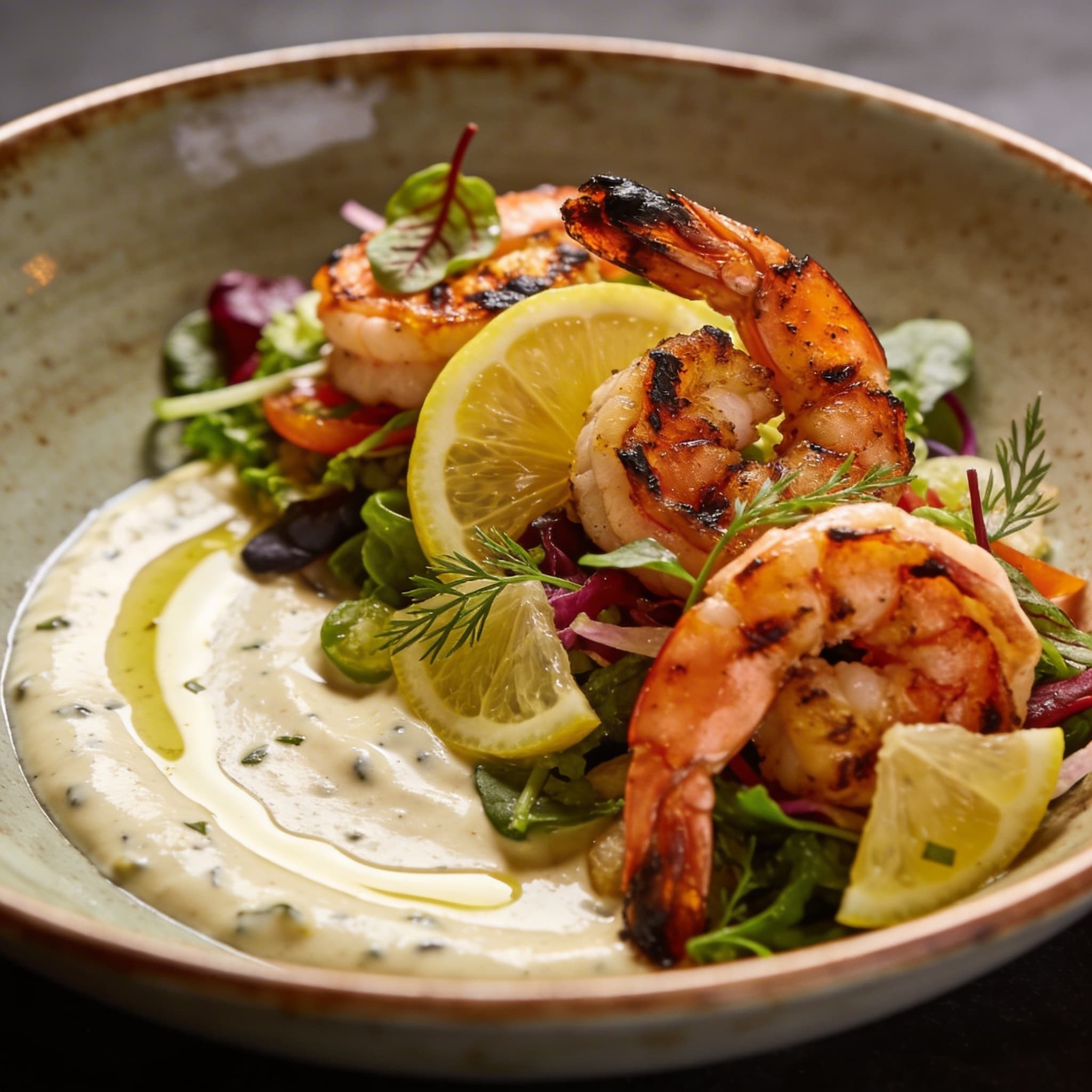 Hearth-Smoked Shrimp & Lemon-Tahini Garden Bowl