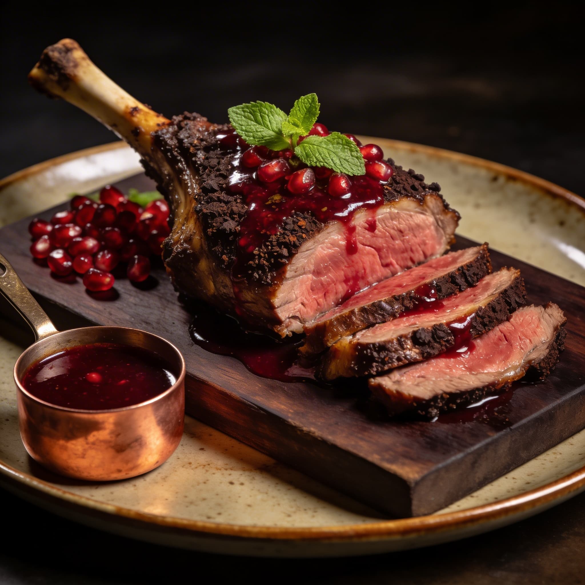 Espresso-Rubbed Smoked Lamb with Pomegranate Mint Glaze
