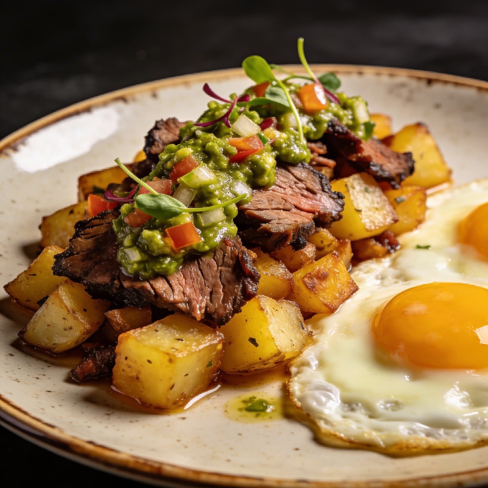 Smoked Brisket & Gold Potato Breakfast Hash with Mediterranean Salsa Verde