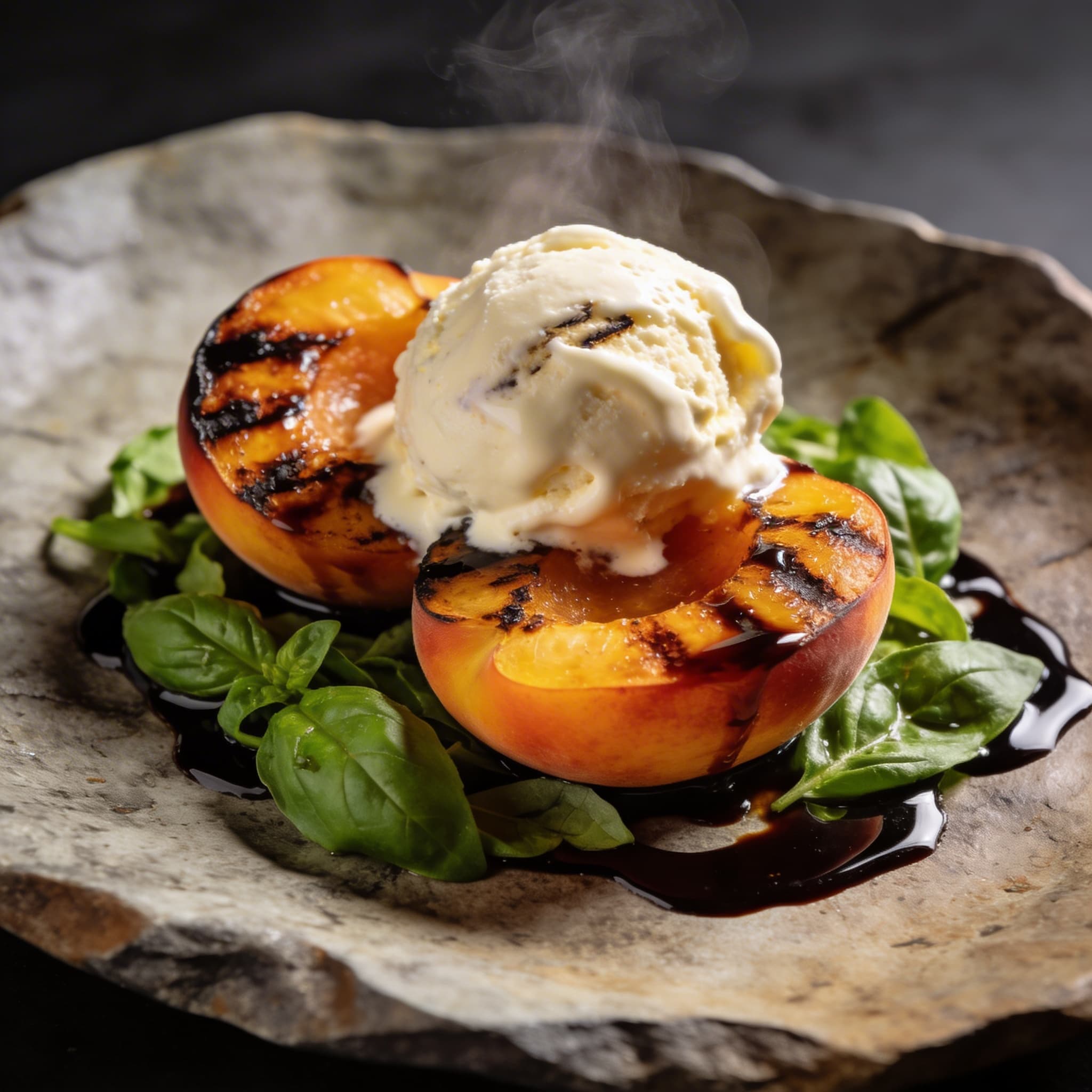 Hickory-Smoked Peaches with Aged Balsamic & Gelato