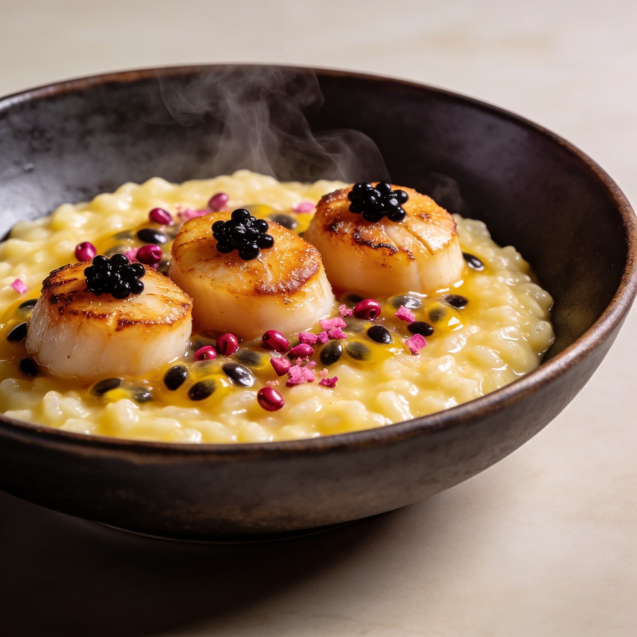 Passion Fruit Risotto with Pink Peppercorn Scallops