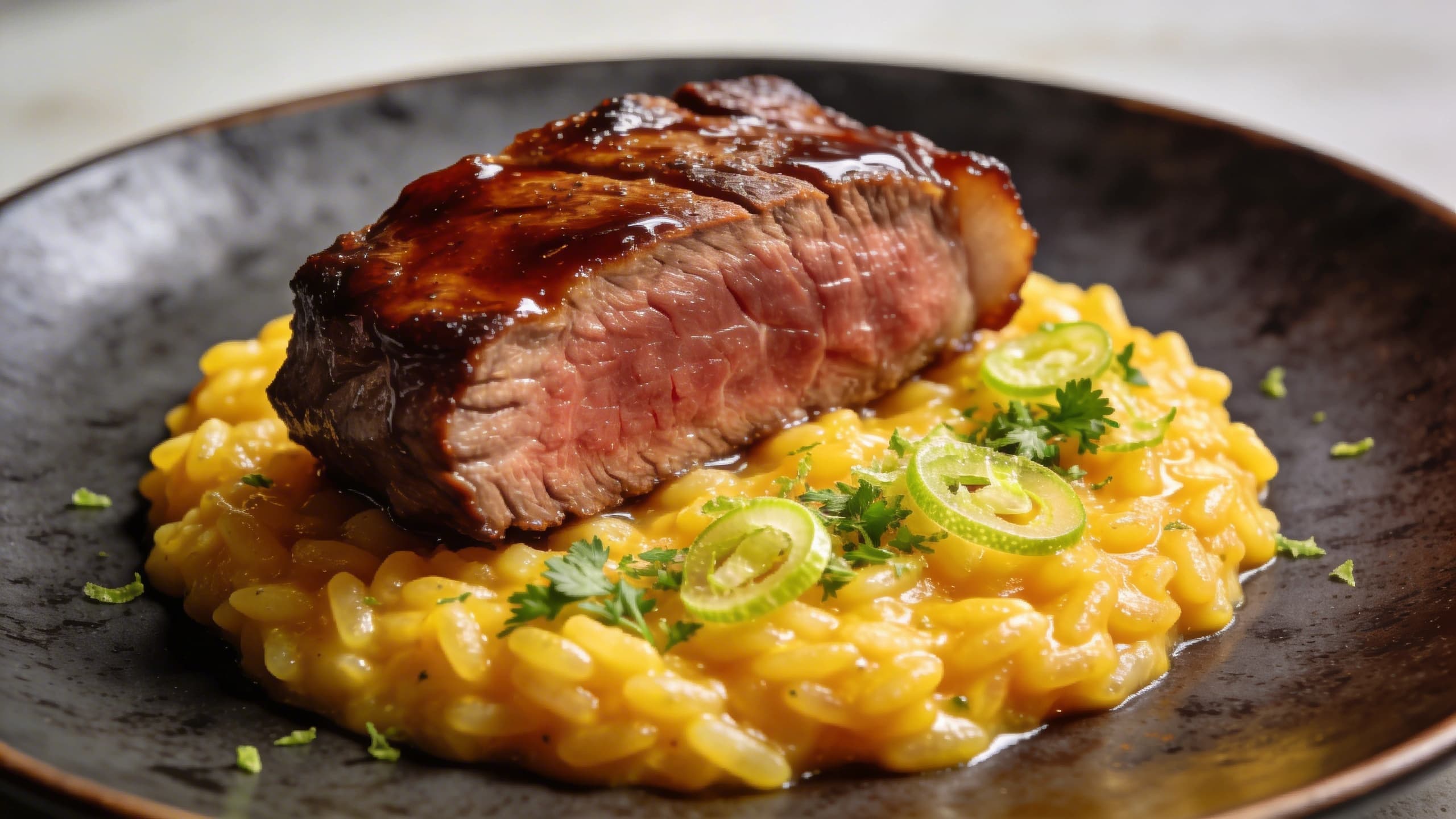 The Finished Masterpiece: A mahogany-glazed Picanha resting on saffron risotto, garnished with lime-cumin gremolata.
