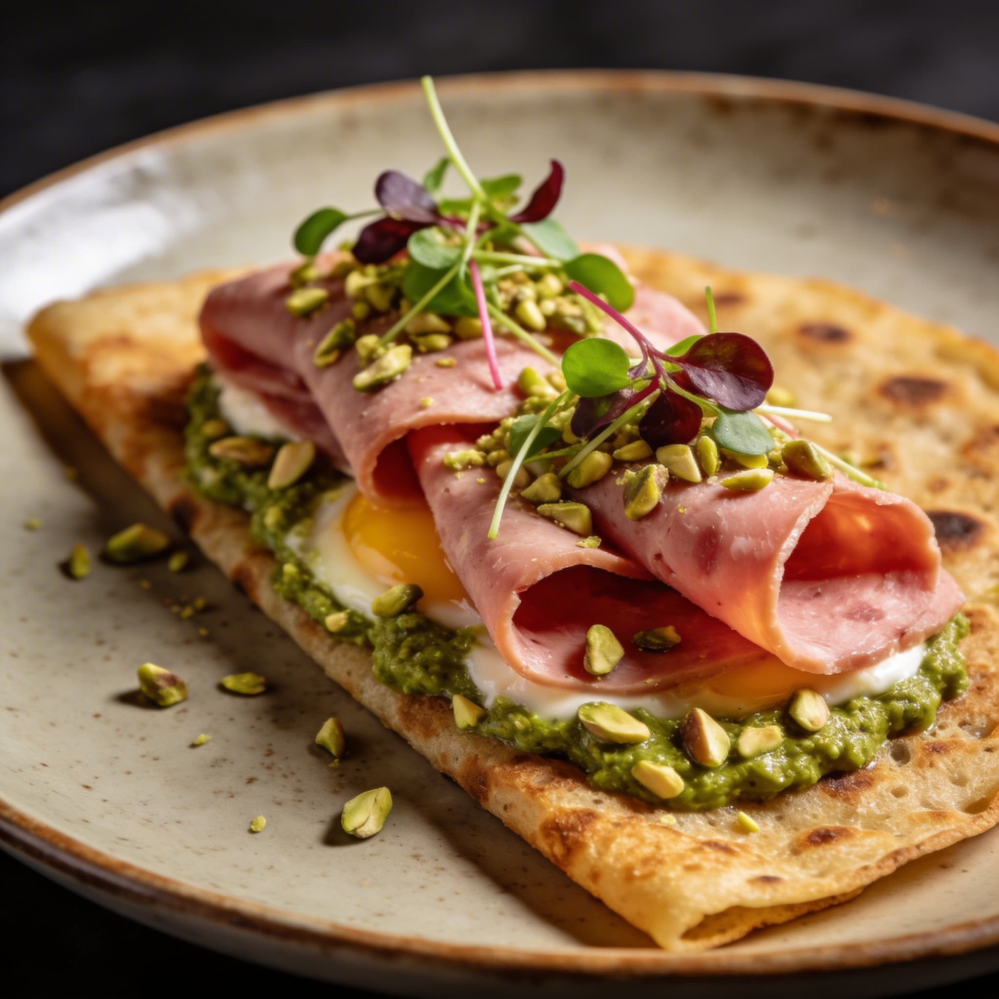 Ligurian Socca Breakfast with Mortadella & Pistachio Pesto