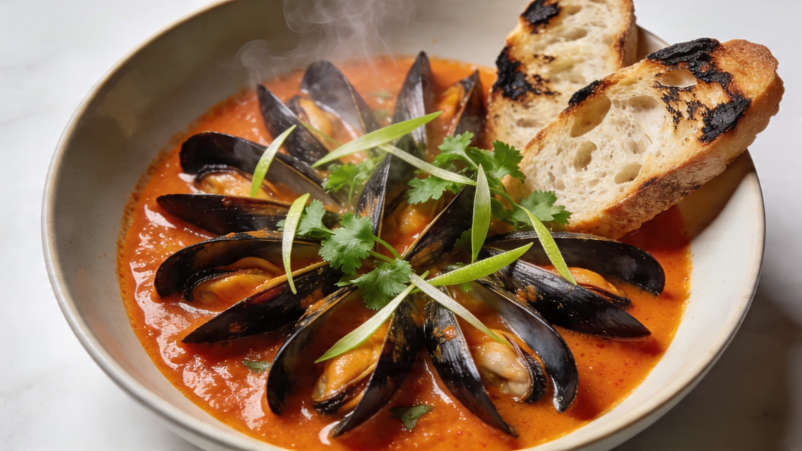 A stunning bowl of steamed mussels in a vibrant orange-red 'nduja broth, garnished with thin strips of lime leaf and fresh cilantro, served with charred sourdough.