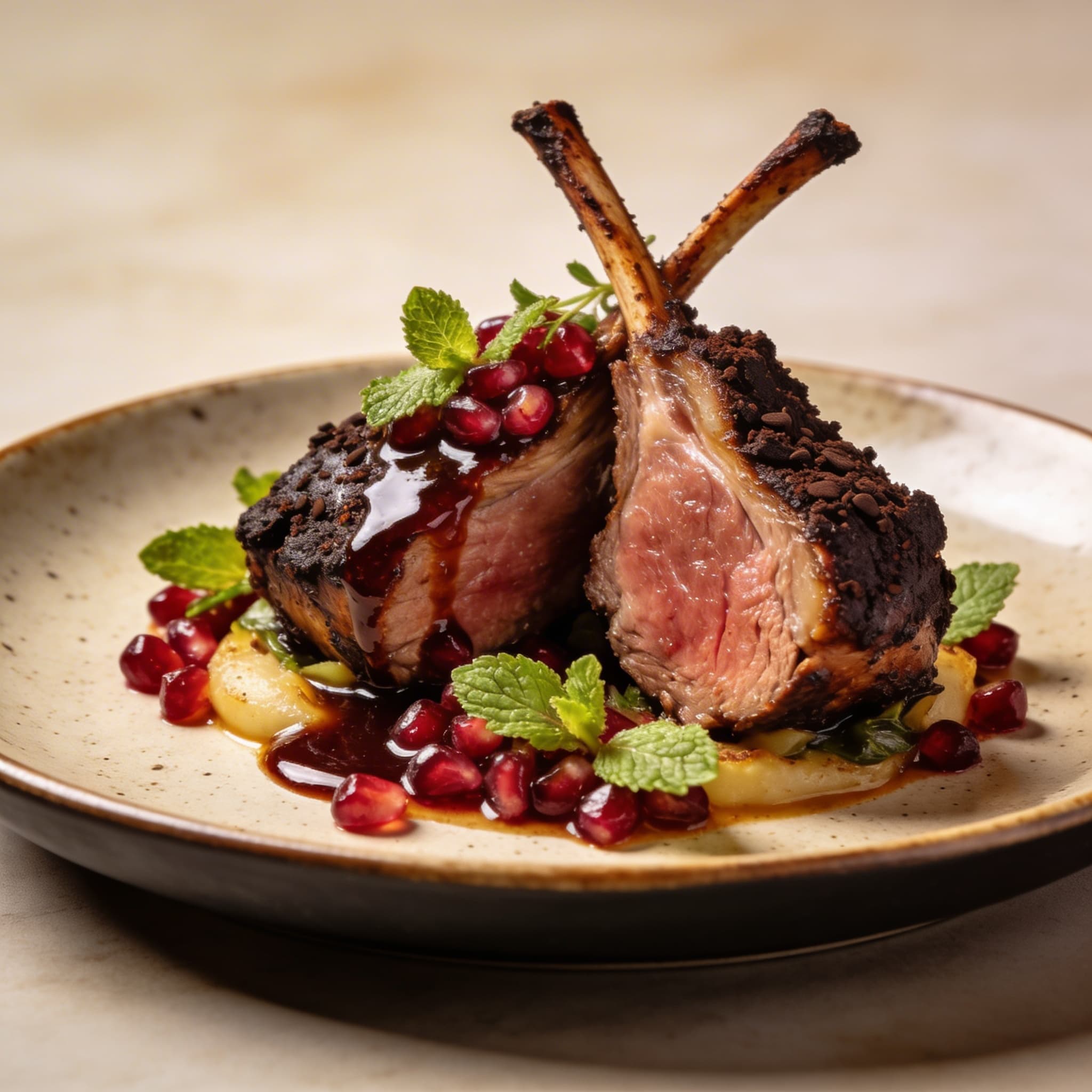 Espresso-Crusted Smoked Lamb with Pomegranate-Mint Glaze