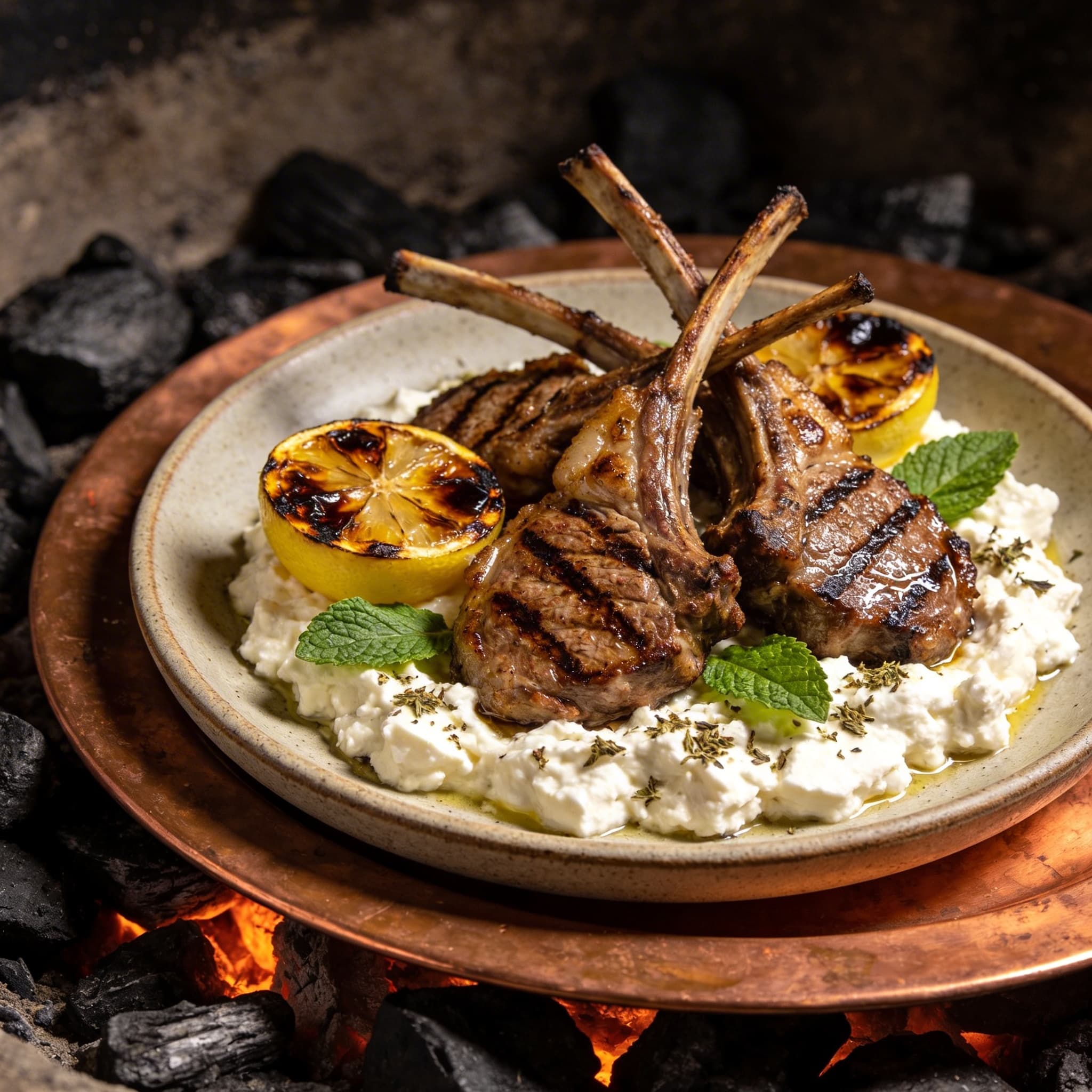Hearth-Seared Lamb Chops with Charred Lemon-Feta Cream