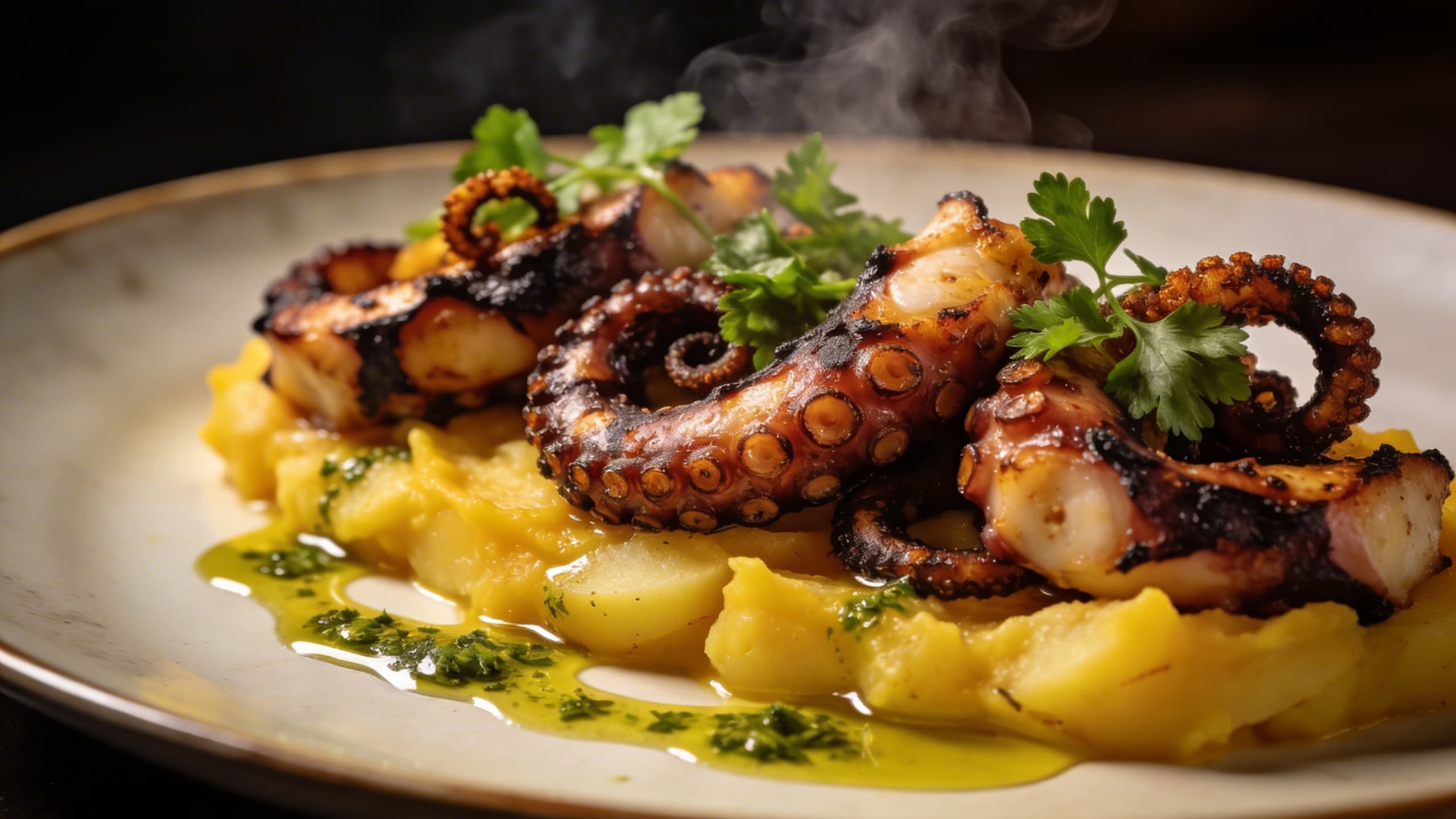 Grilled octopus tentacles with charred, crispy edges, served on a bed of vibrant yellow saffron potato purée, garnished with fresh parsley and a drizzle of herb oil.