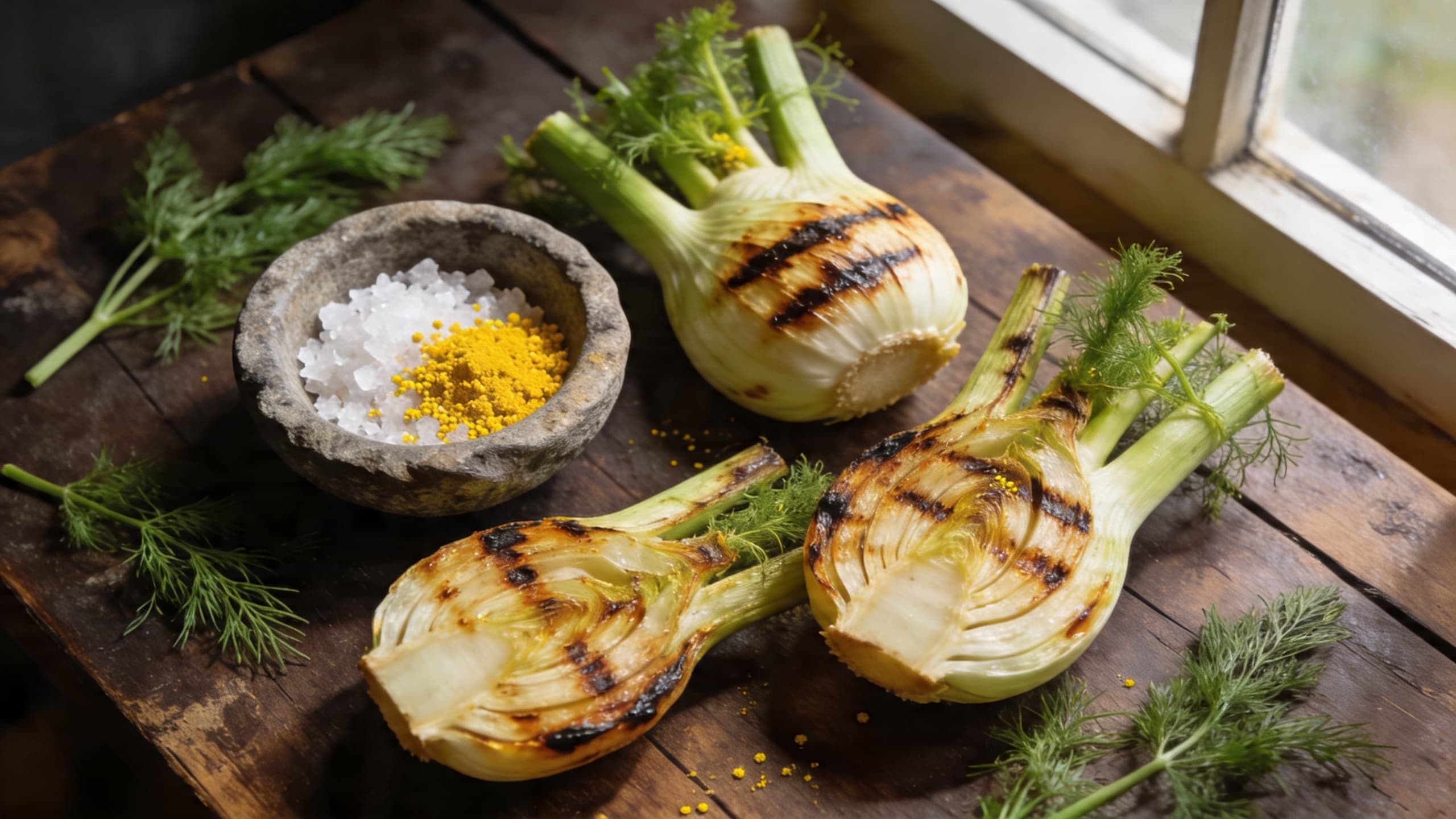 A rustic wooden board featuring charred fennel bulbs and a small bowl of fennel-infused finishing salt.