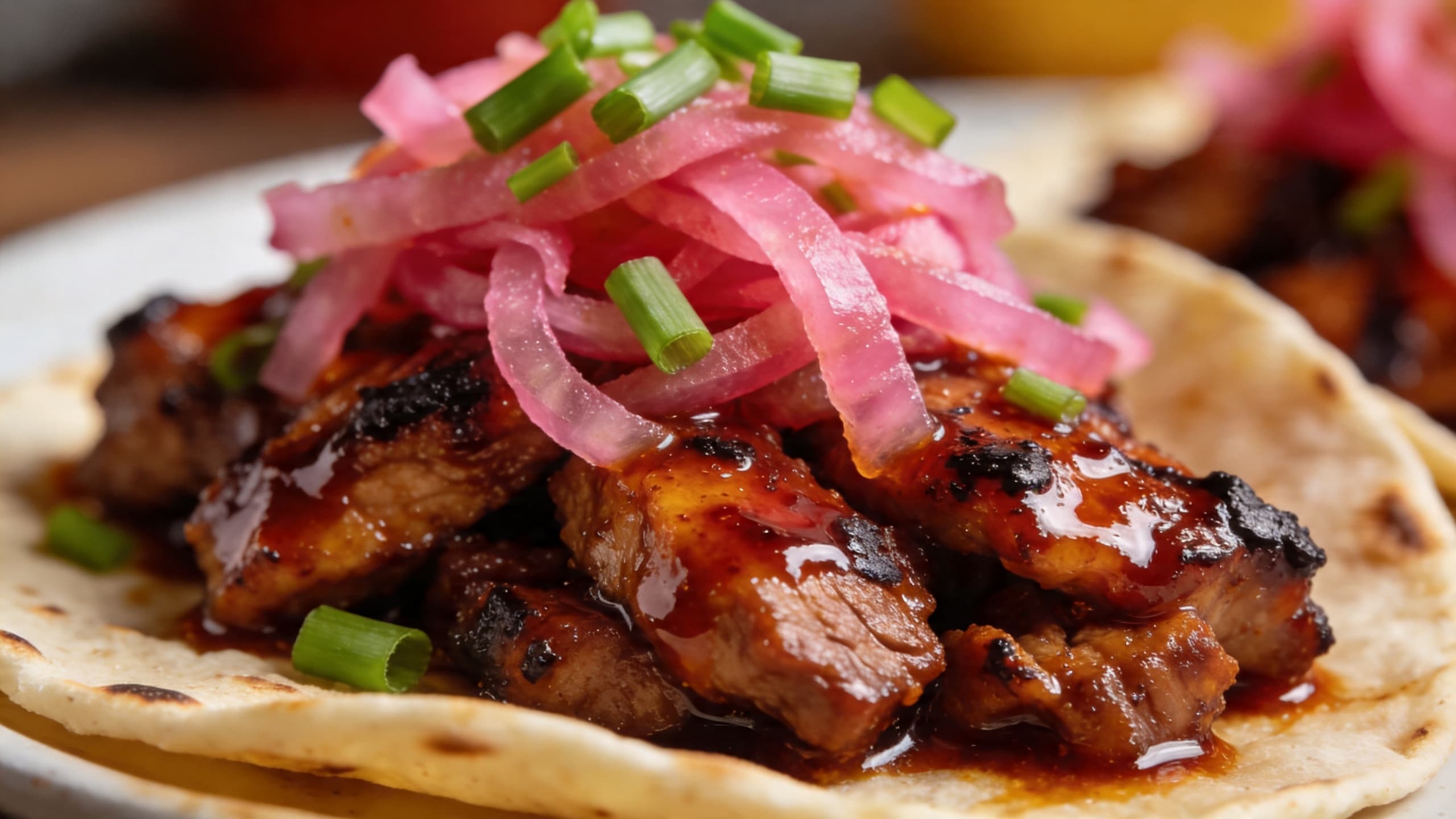 Image 2: A close-up of a Gochujang-glazed pork taco topped with bright, crunchy pink pickled onions and green scallions