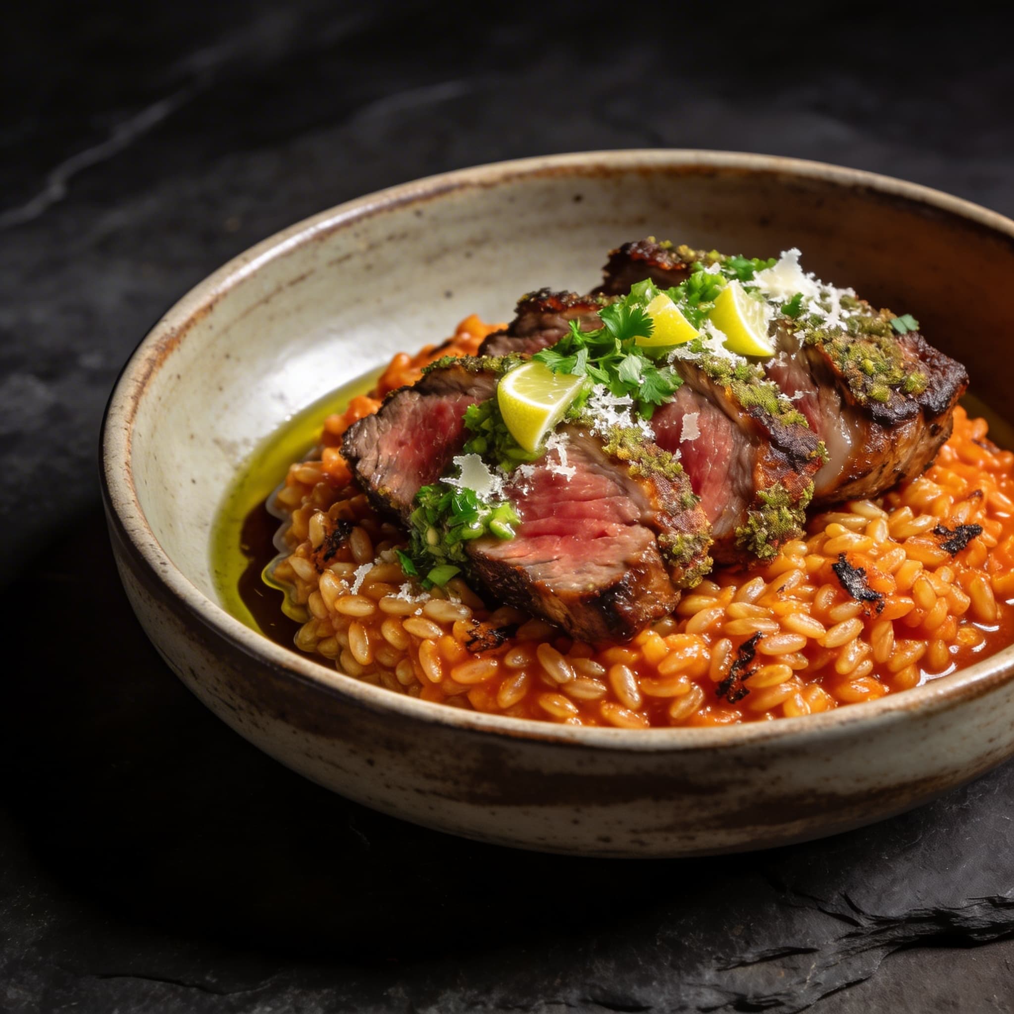 Dendê-Infused Farro Risotto with Herb-Crusted Lamb