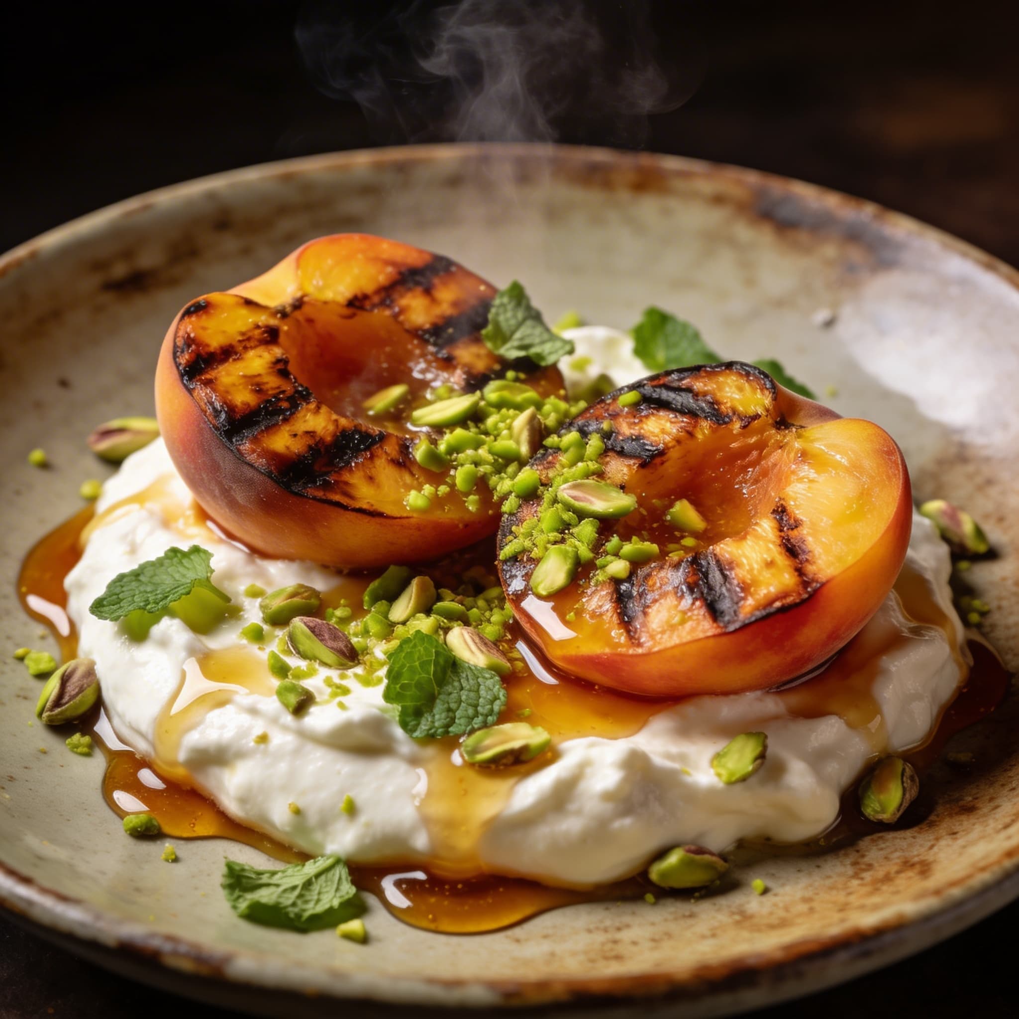 Hearth-Charred Peaches with Salted Labneh & Bourbon Honey