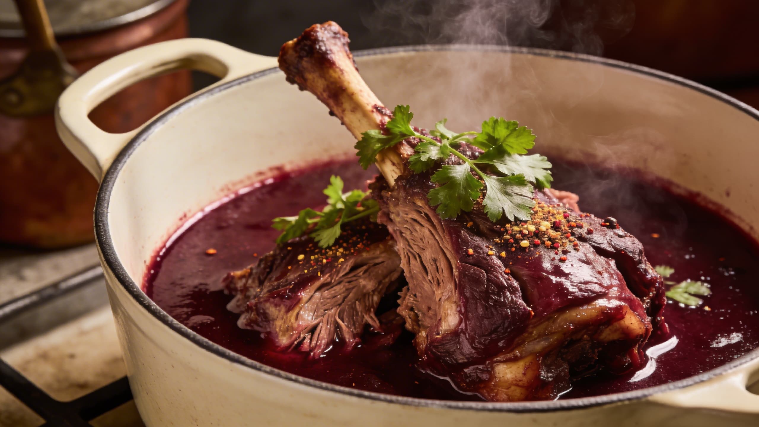 A steaming Dutch oven filled with a deep red braise, featuring tender meat falling off the bone, garnished with fresh herbs and a dusting of crimson sumac.