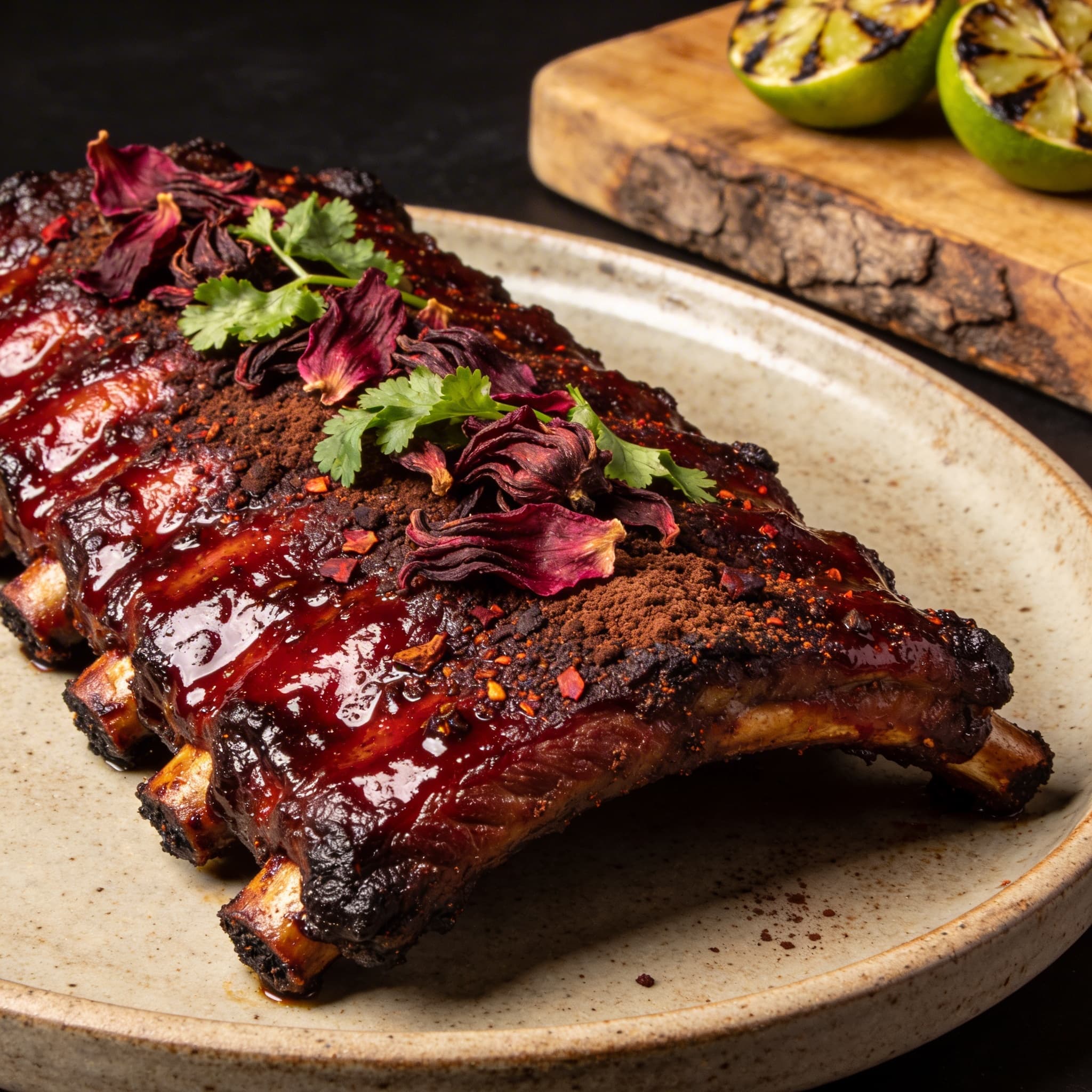 Oaxacan-Inspired Mole Rubbed Smoked Ribs with Hibiscus Glaze