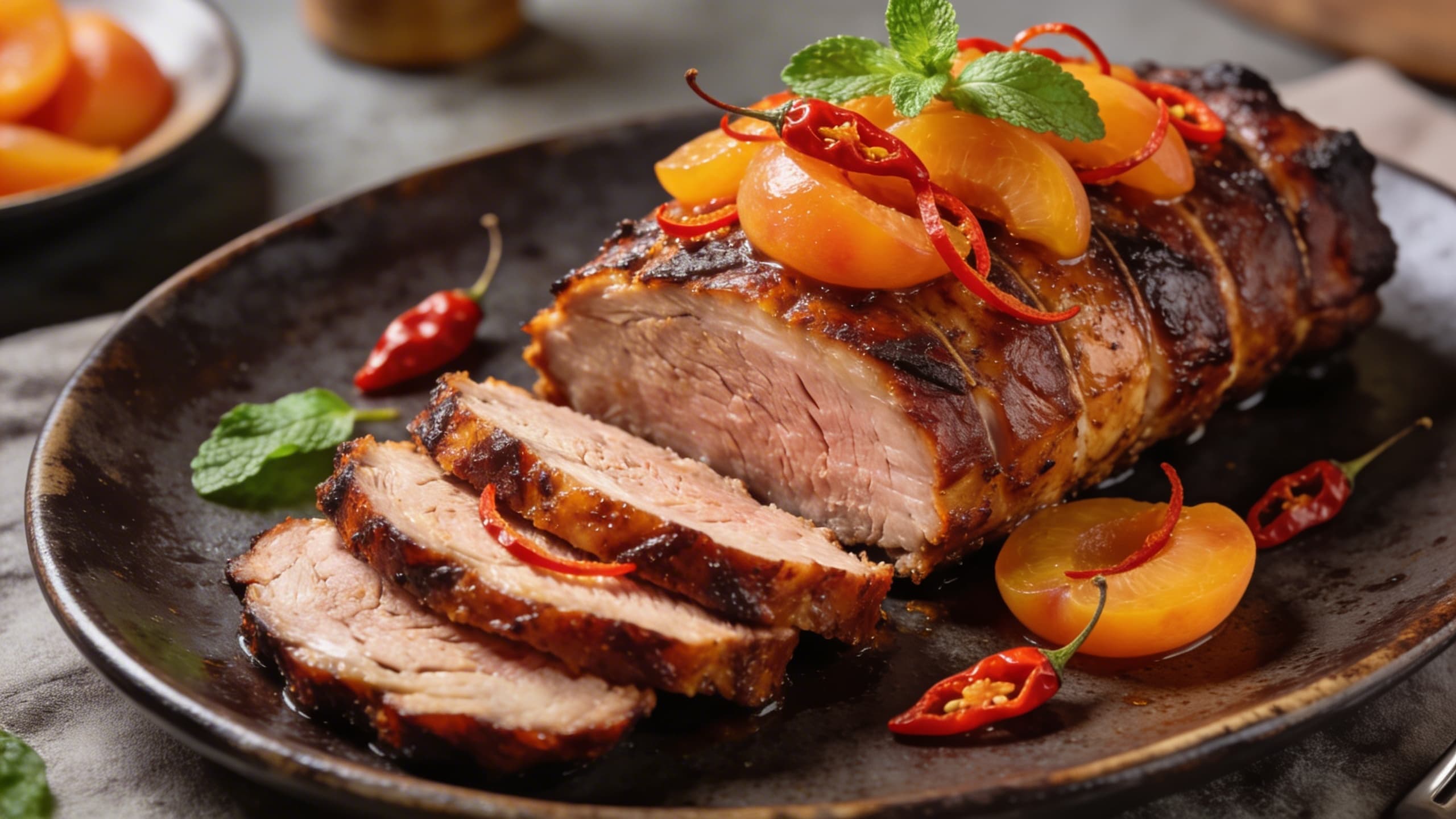 A perfectly sliced smoked pork tenderloin topped with vibrant, orange-hued pickled peaches and thin slivers of red habanero, garnished with fresh mint.