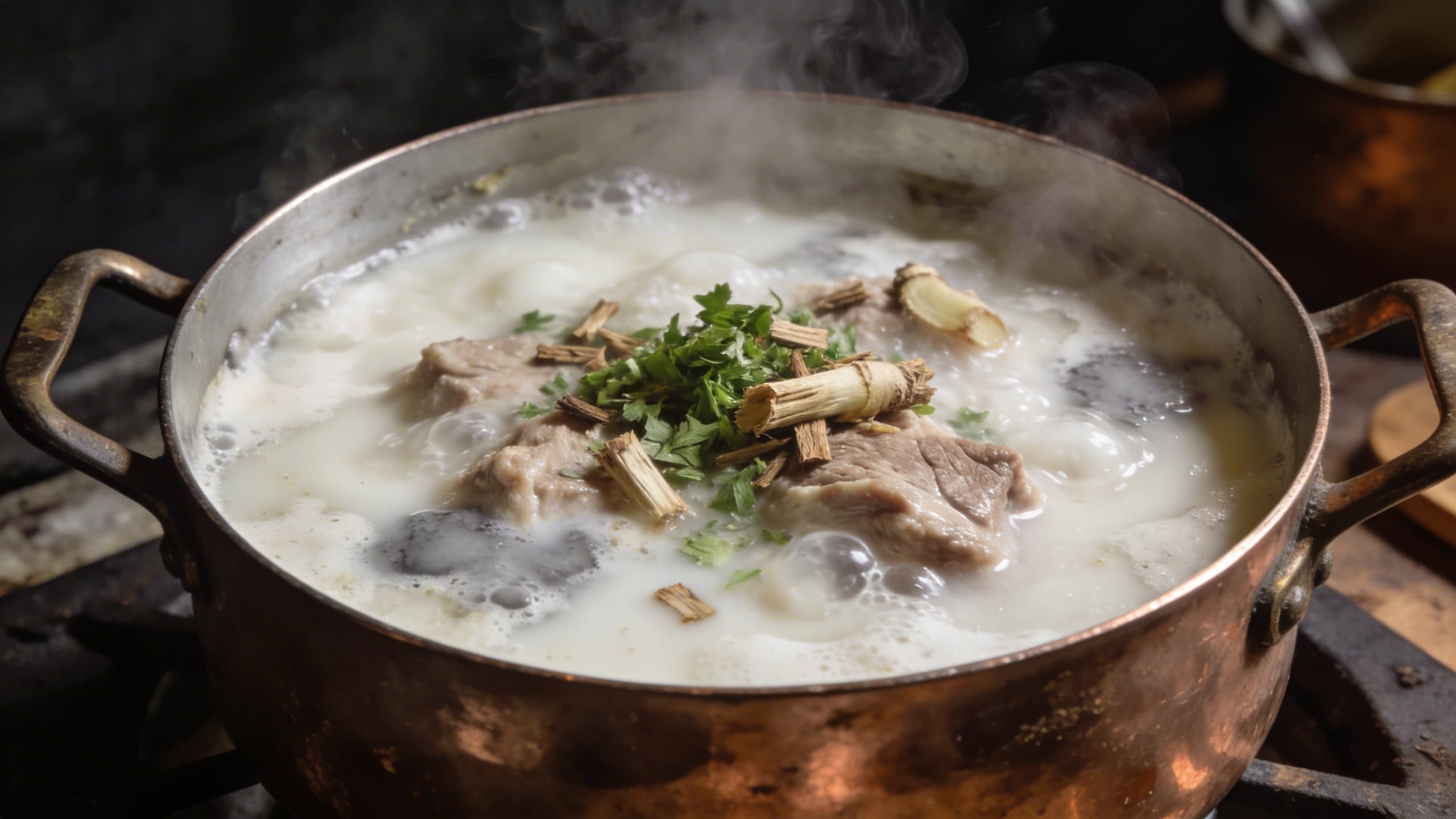 Image 1: A bubbling pot of white veal stew where the sauce looks broken and greyish due to over-minced aromatics and improper heat management.
