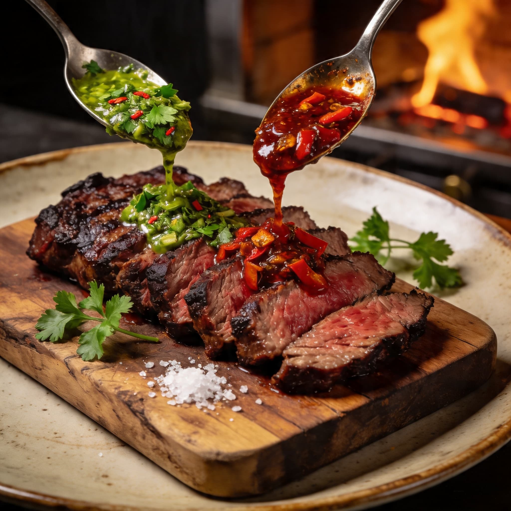 Grilled Skirt Steak with Green and Smokey Red Chimichurri