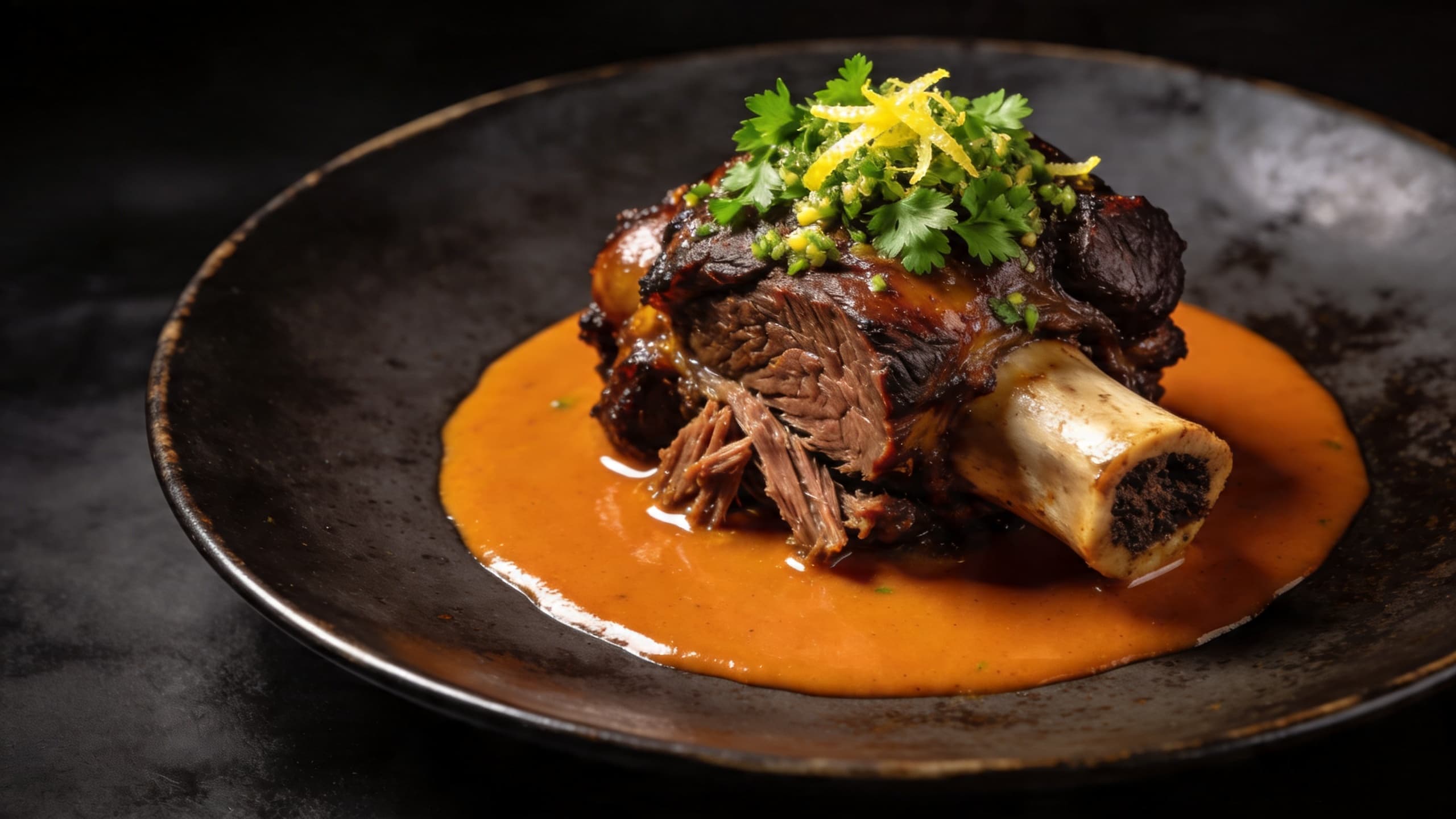 The finished dish: a fork-tender smoked beef shank resting in a rich, orange-tinted reduction, garnished with a bright green gremolata.