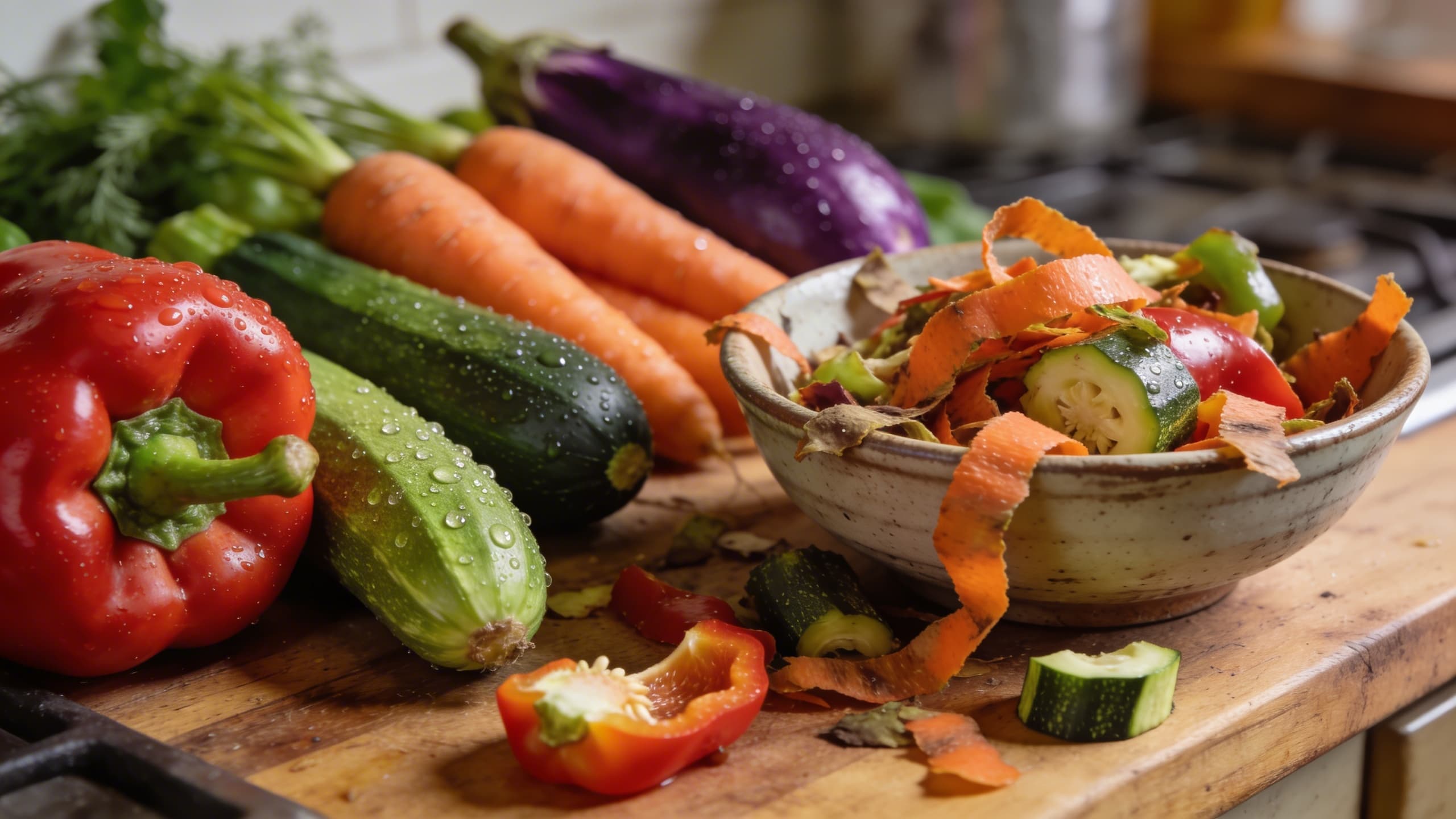 Image 1: A close-up of a kitchen counter showing a mix of fresh, vibrant vegetables next to a bowl of discarded vegetable scraps and peels, highlighting the contrast between use and waste.