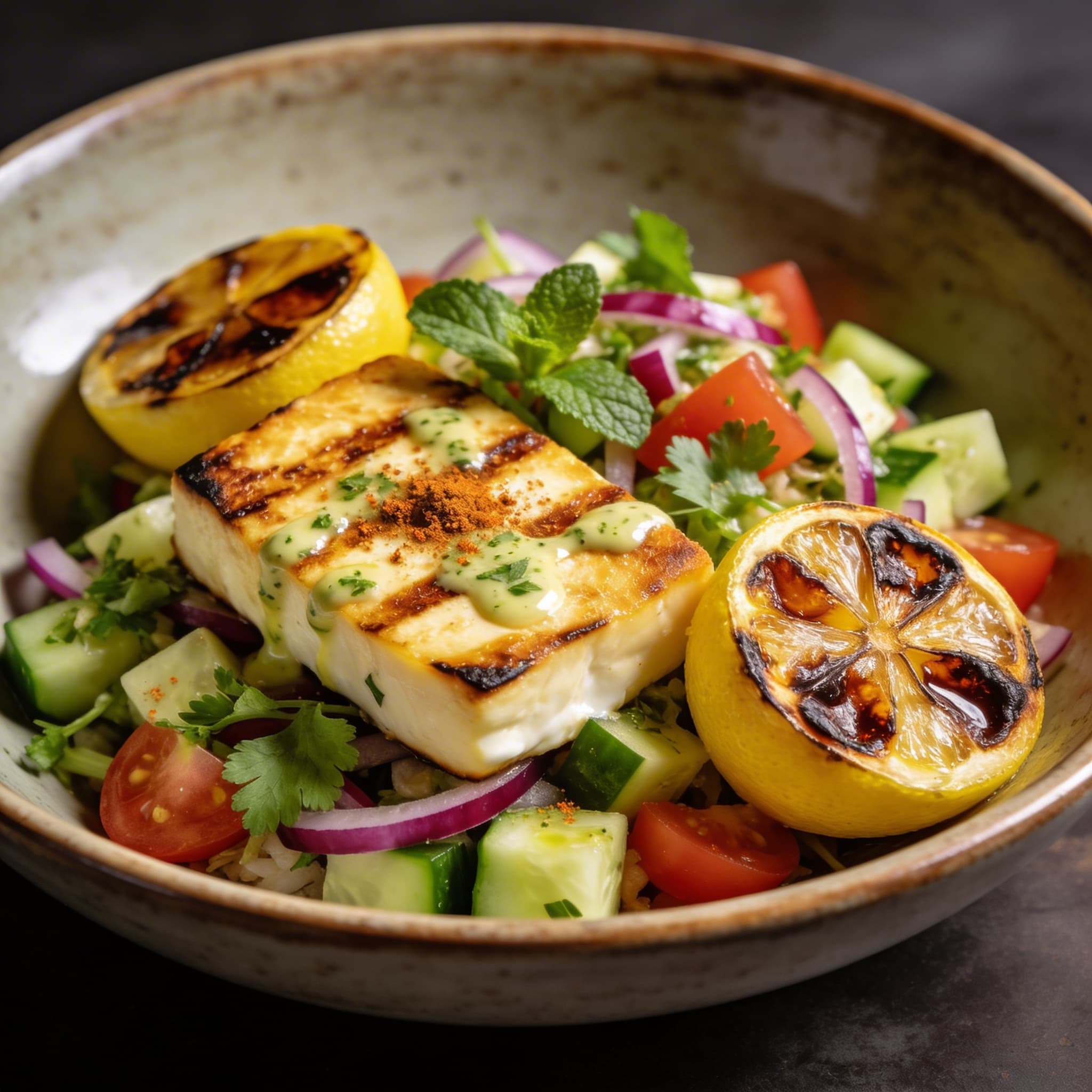 Hearth-Seared Halloumi Bowl with Burnt Lemon & Herbs