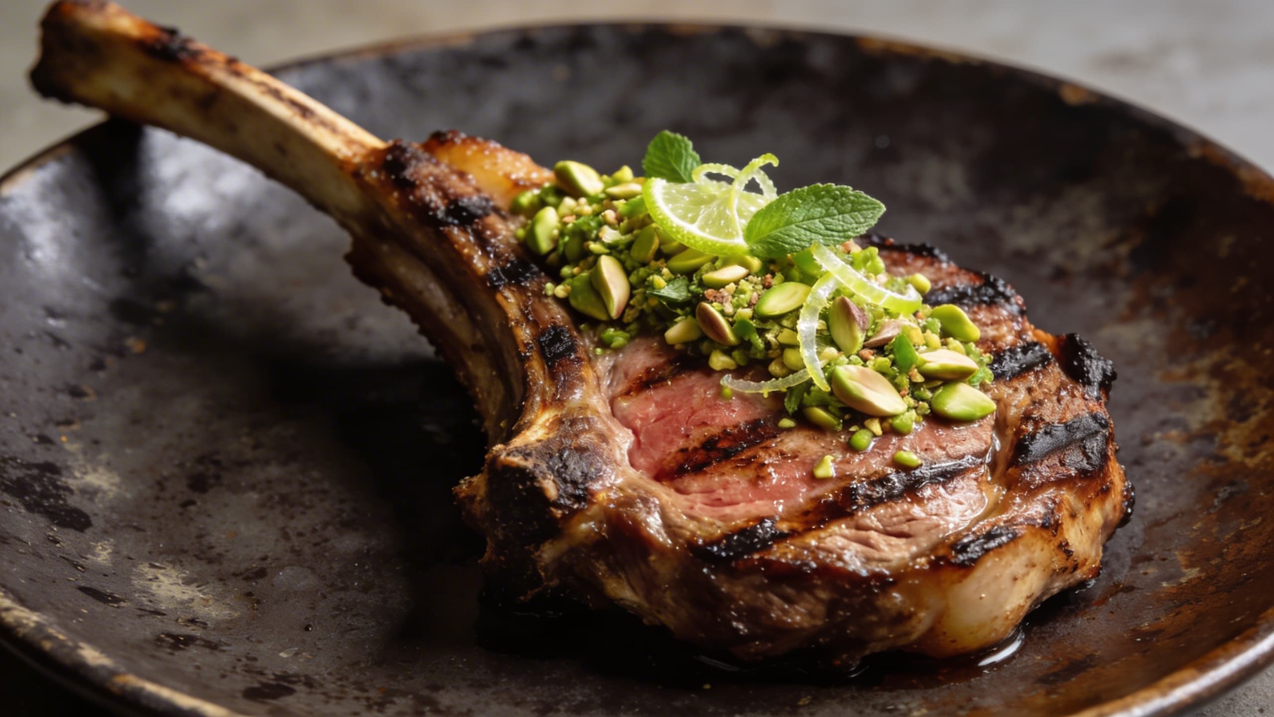 A vibrant, modern fusion gremolata featuring crushed pistachios, lime zest, and mint, draped over a perfectly seared lamb chop.