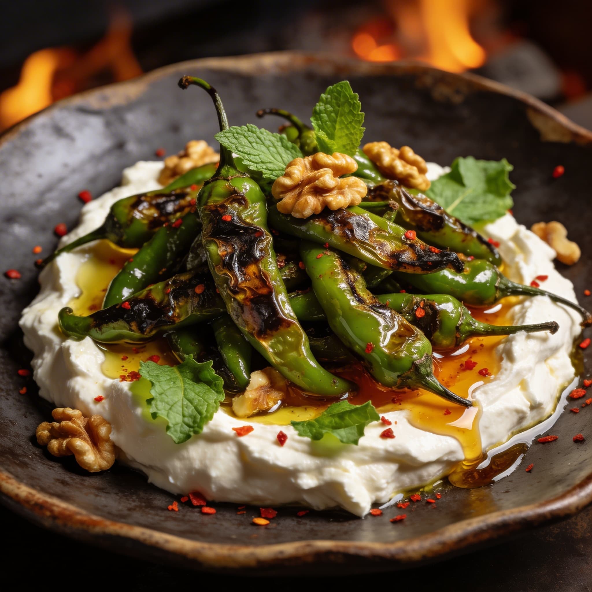 Hearth-Blistered Shishitos over Whipped Feta