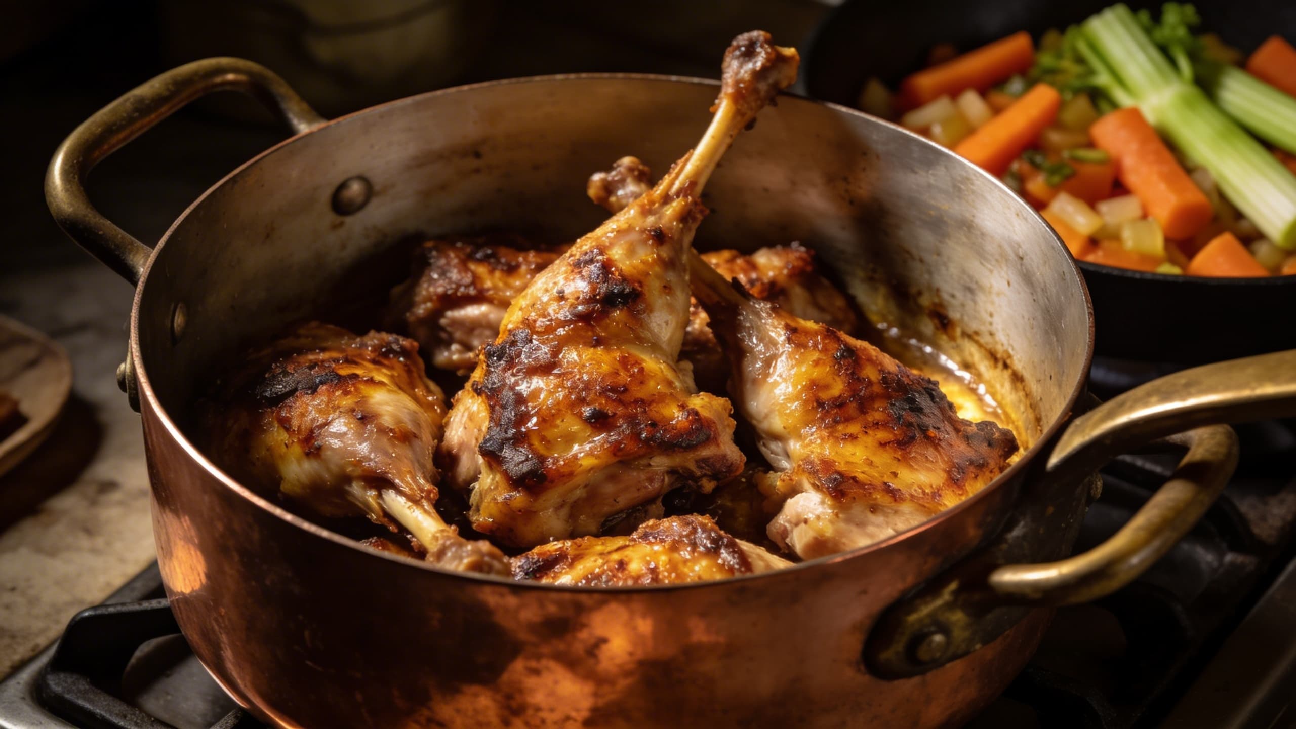 A close-up of rabbit pieces being seared to a deep golden brown in a rustic Dutch oven