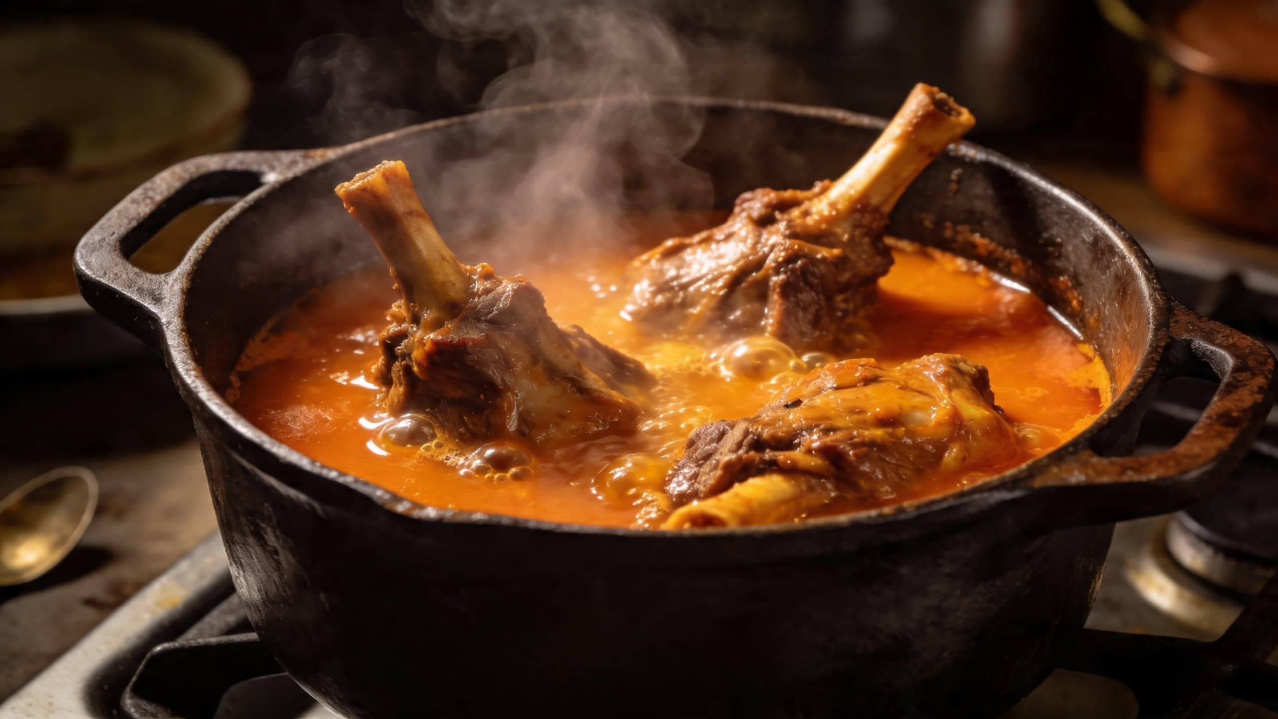 A heavy cast-iron cocotte simmering with a vibrant orange-hued braise, steam rising to catch the light