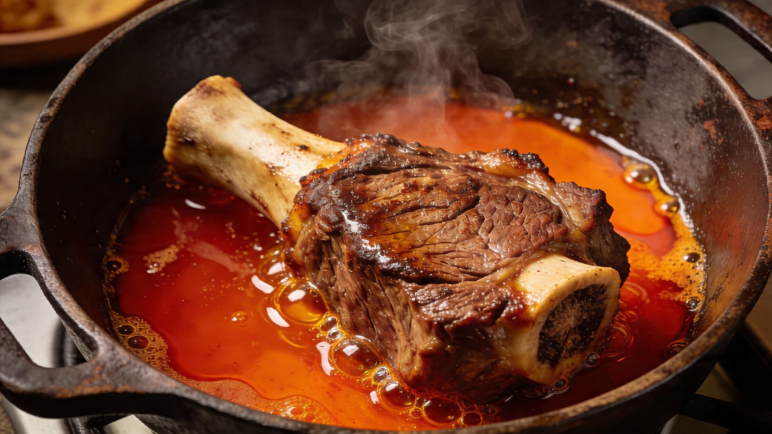 A close-up of a beef shank being seared in a Dutch oven with the distinct orange hue of Dendê oil bubbling around the edges.