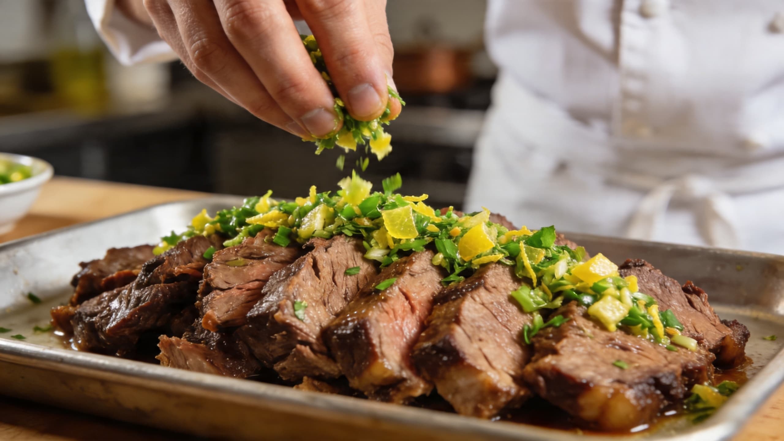 Image 2: A chef's hand sprinkling a vibrant green and yellow ginger-citrus gremolata over a platter of sliced, tender braised meat.