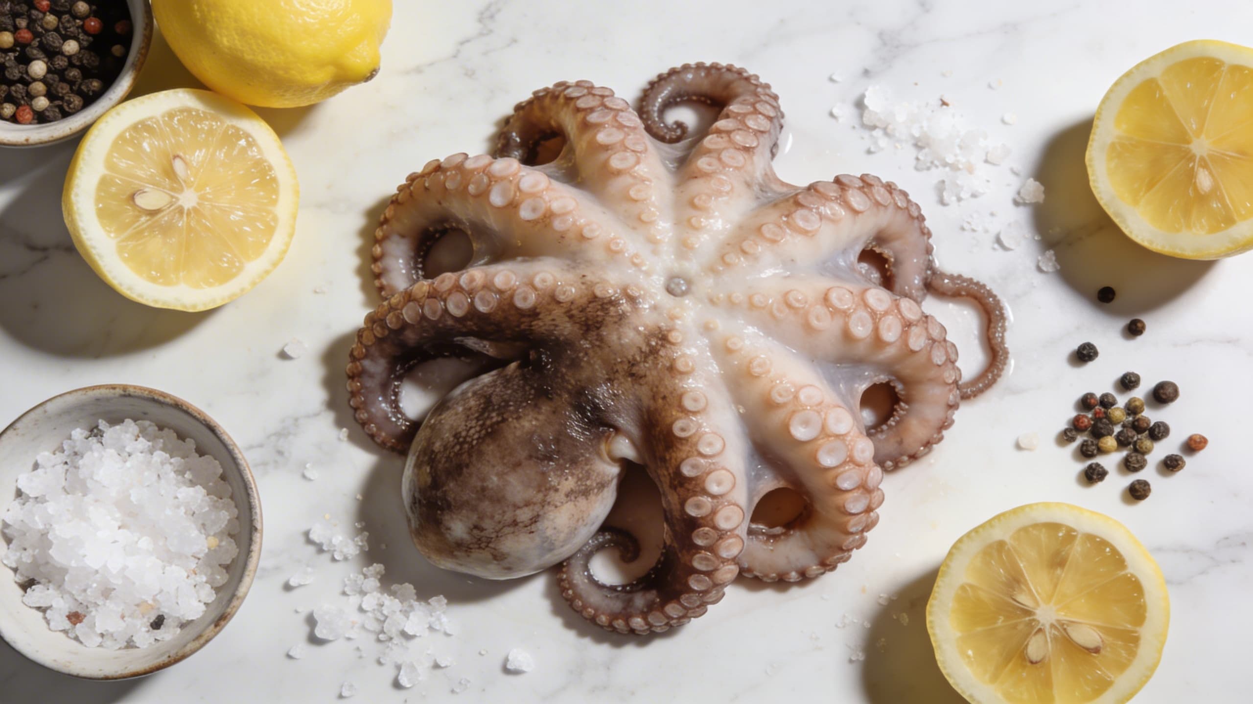 A fresh octopus being prepared on a marble countertop, surrounded by sea salt, lemon halves, and peppercorns.