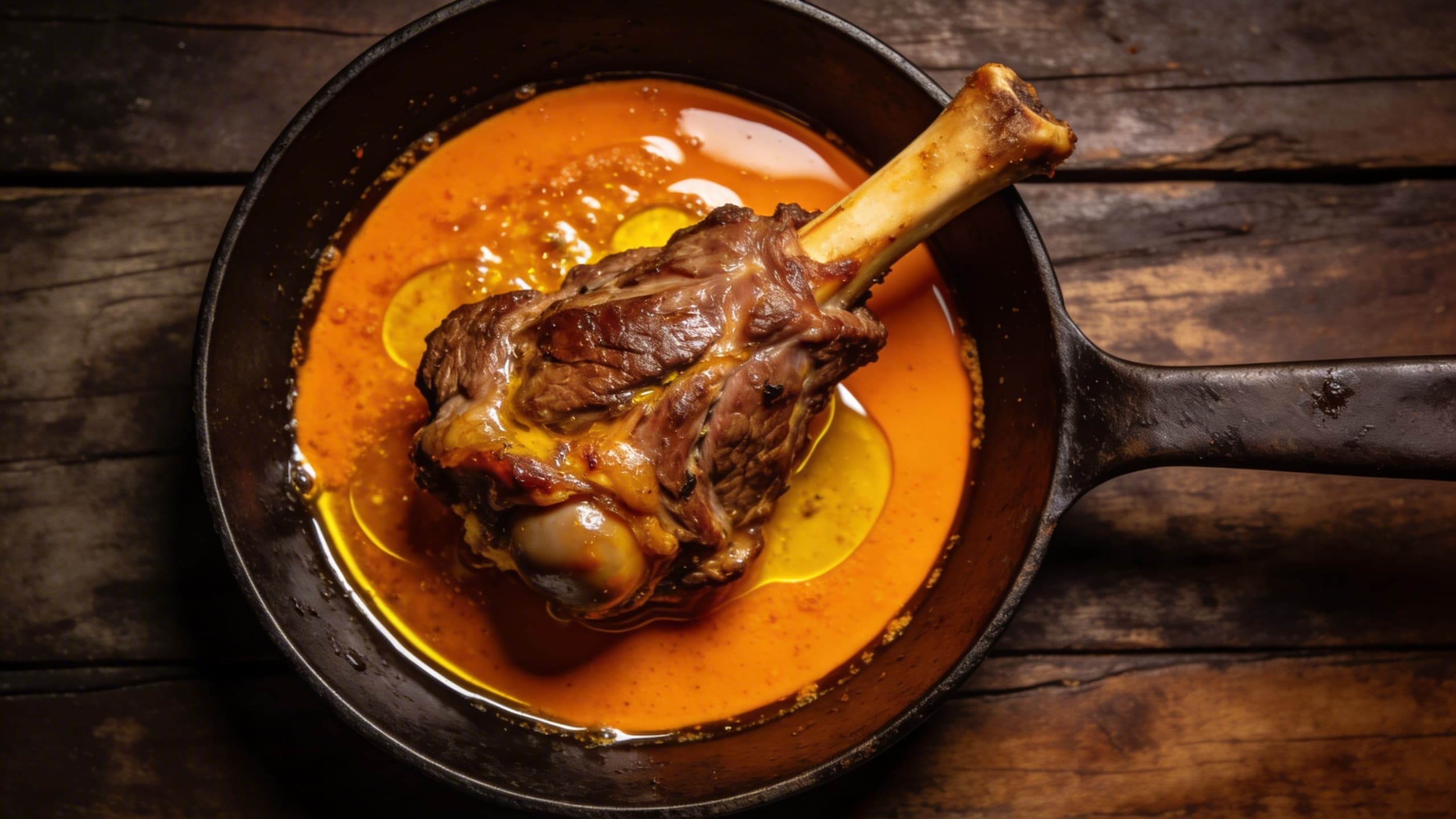 A close-up of veal shanks searing in a vivid orange pool of Dendê oil, capturing the vibrant contrast of colors.